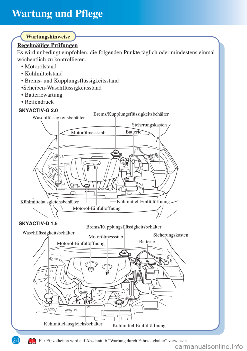 MAZDA MODEL CX-3 2016 Kurzanleitung (in German) Wartung und Pflege
24
WaschflüssigkeitsbehälterBrems/Kupplungsflüssigkeitsbehälter
MotorölmessstabBatterie
Sicherungskasten
Kühlmittelausgleichsbehälter
Motoröl-Einfüllöffnung
Kühlmittel- MAZDA MODEL CX-3 2016 Kurzanleitung (in German) Wartung und Pflege
24
WaschflüssigkeitsbehälterBrems/Kupplungsflüssigkeitsbehälter
MotorölmessstabBatterie
Sicherungskasten
Kühlmittelausgleichsbehälter
Motoröl-Einfüllöffnung
Kühlmittel-