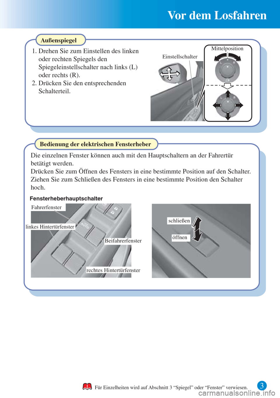 MAZDA MODEL CX-3 2016  Kurzanleitung (in German) 3 
Vor dem Losfahren
Außenspiegel
1. Drehen Sie zum Einstellen des linken 
oder rechten Spiegels den 
Spiegeleinstellschalter nach links (L) 
oder rechts (R).
2. Drücken Sie den entsprechenden 
Scha