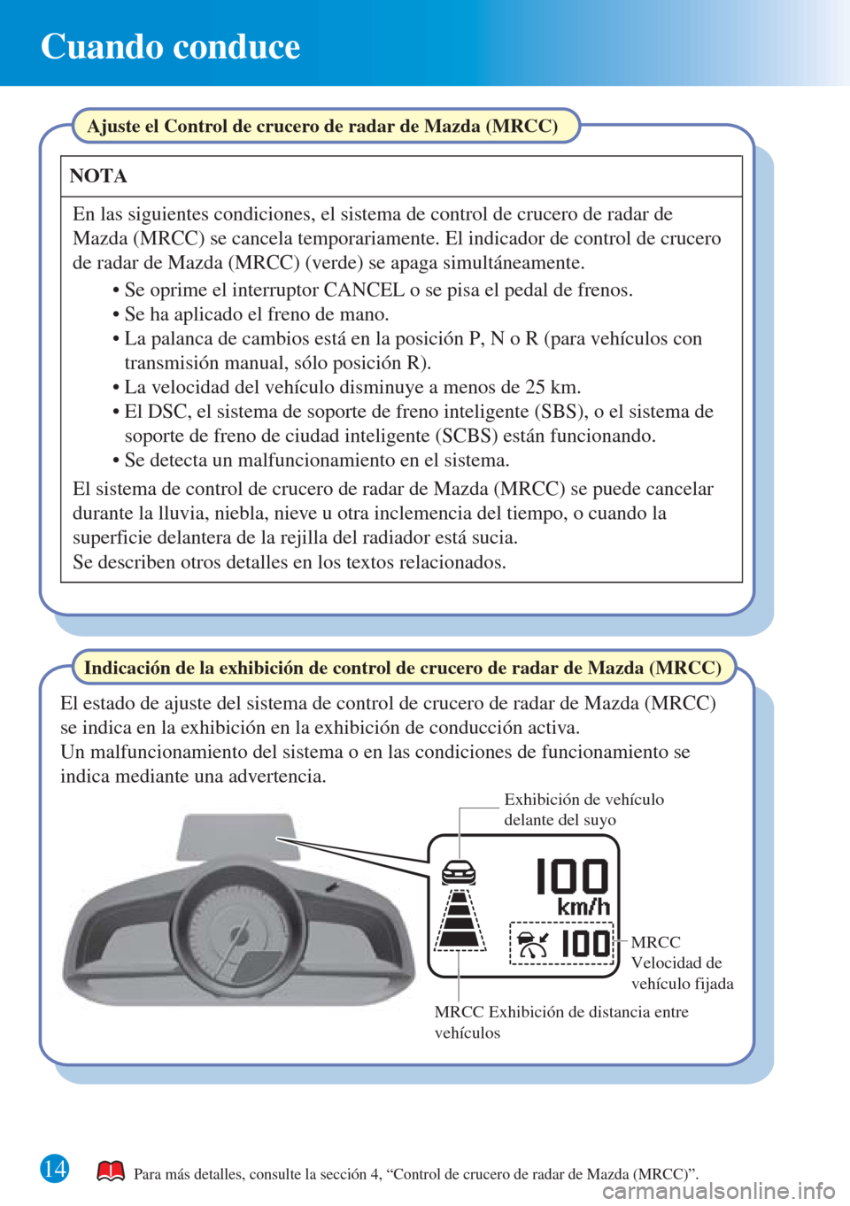 MAZDA MODEL CX-3 2016  Guía rápida (in Spanish) 14
Cuando conduce
Para más detalles, consulte la sección 4, “Control de crucero de radar de Mazda (MRCC)”.
Indicación de la exhibición de control de crucero de radar de Mazda (MRCC)Ajuste el C