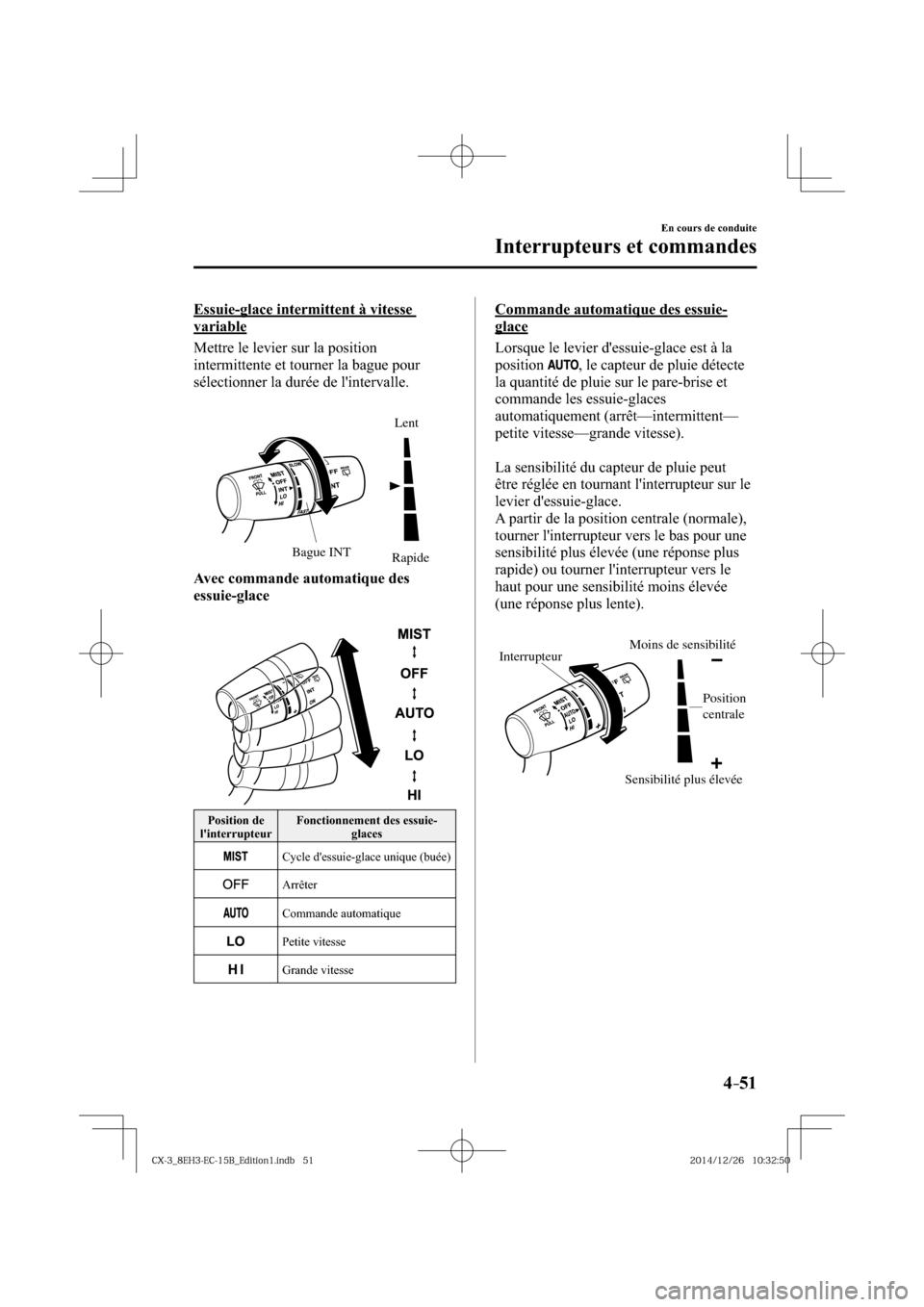 MAZDA MODEL CX-3 2016  Manuel du propriétaire (in French) 4–51
En cours de conduite
Interrupteurs et commandes
  Essuie-glace intermittent à vitesse 
variable
    Mettre le levier sur la position 
intermittente et tourner la bague pour 
sélectionner la d