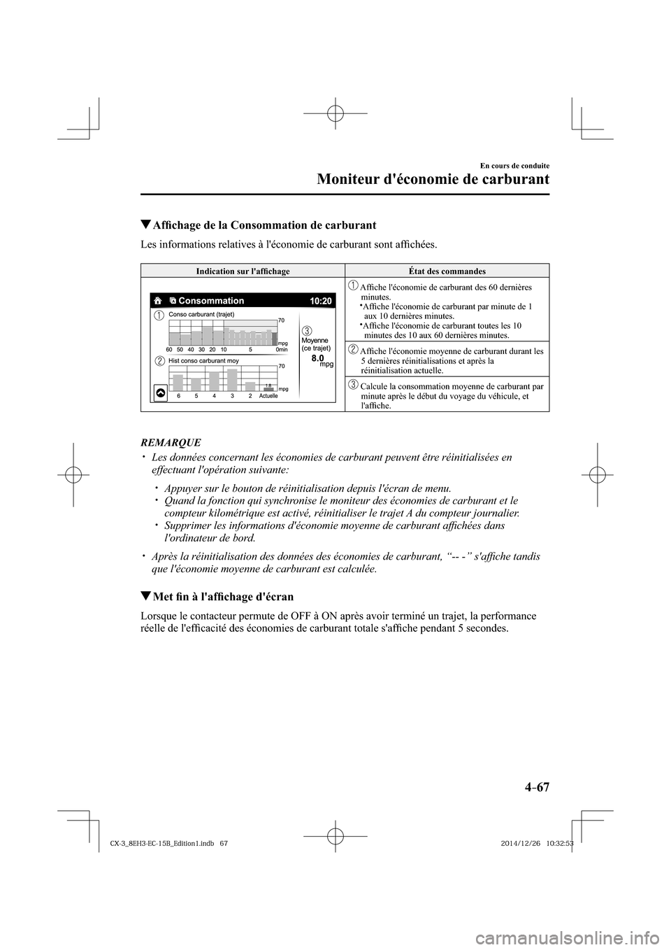 MAZDA MODEL CX-3 2016  Manuel du propriétaire (in French) 4–67
En cours de conduite
Moniteur déconomie de carburant
 Afﬁ chage de la Consommation de carburant
              Les  informations  relatives  à  léconomie  de  carburant  sont  afﬁ chée