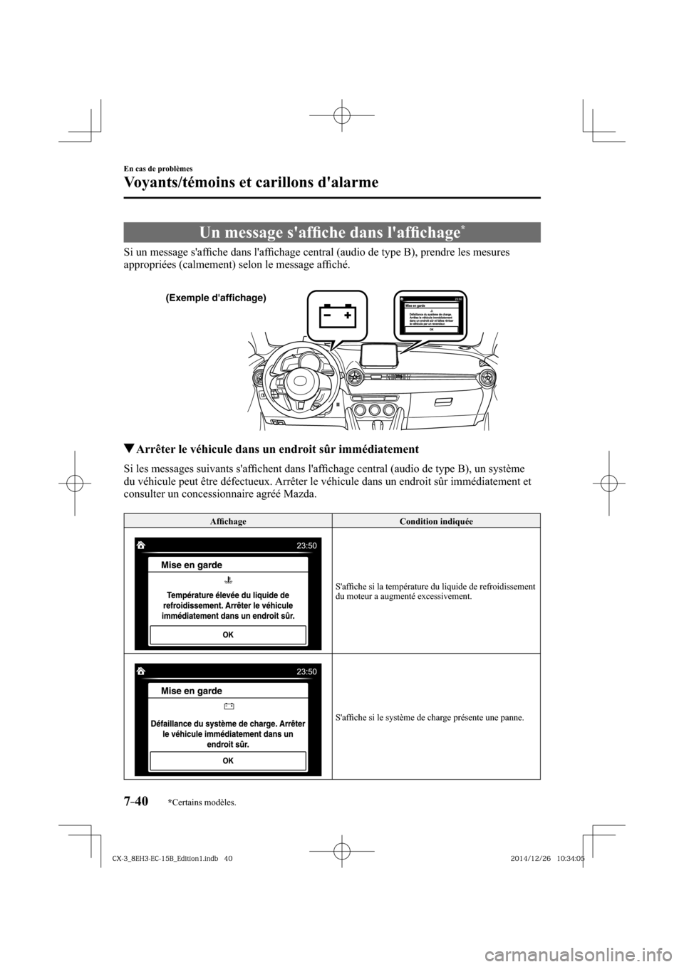 MAZDA MODEL CX-3 2016  Manuel du propriétaire (in French) *Certains modèles.7–40
En cas de problèmes
Voyants/témoins et carillons dalarme
 Un message safﬁ che dans lafﬁ chage *
            Si  un  message  safﬁ che dans lafﬁ chage central (