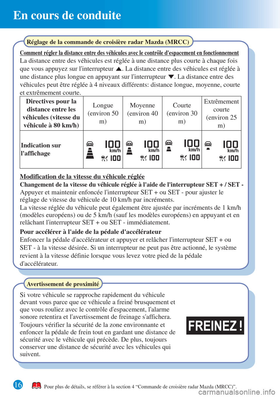 MAZDA MODEL CX-3 2016 Guide dutilisation rapide (in French) En cours de conduite
16 16 Pour plus de détails, se référer à la section 4 “Commande de croisière radar Mazda (MRCC)”.
Réglage de la commande de croisière radar Mazda (MRCC)
Comment régle MAZDA MODEL CX-3 2016 Guide dutilisation rapide (in French) En cours de conduite
16 16 Pour plus de détails, se référer à la section 4 “Commande de croisière radar Mazda (MRCC)”.
Réglage de la commande de croisière radar Mazda (MRCC)
Comment régle