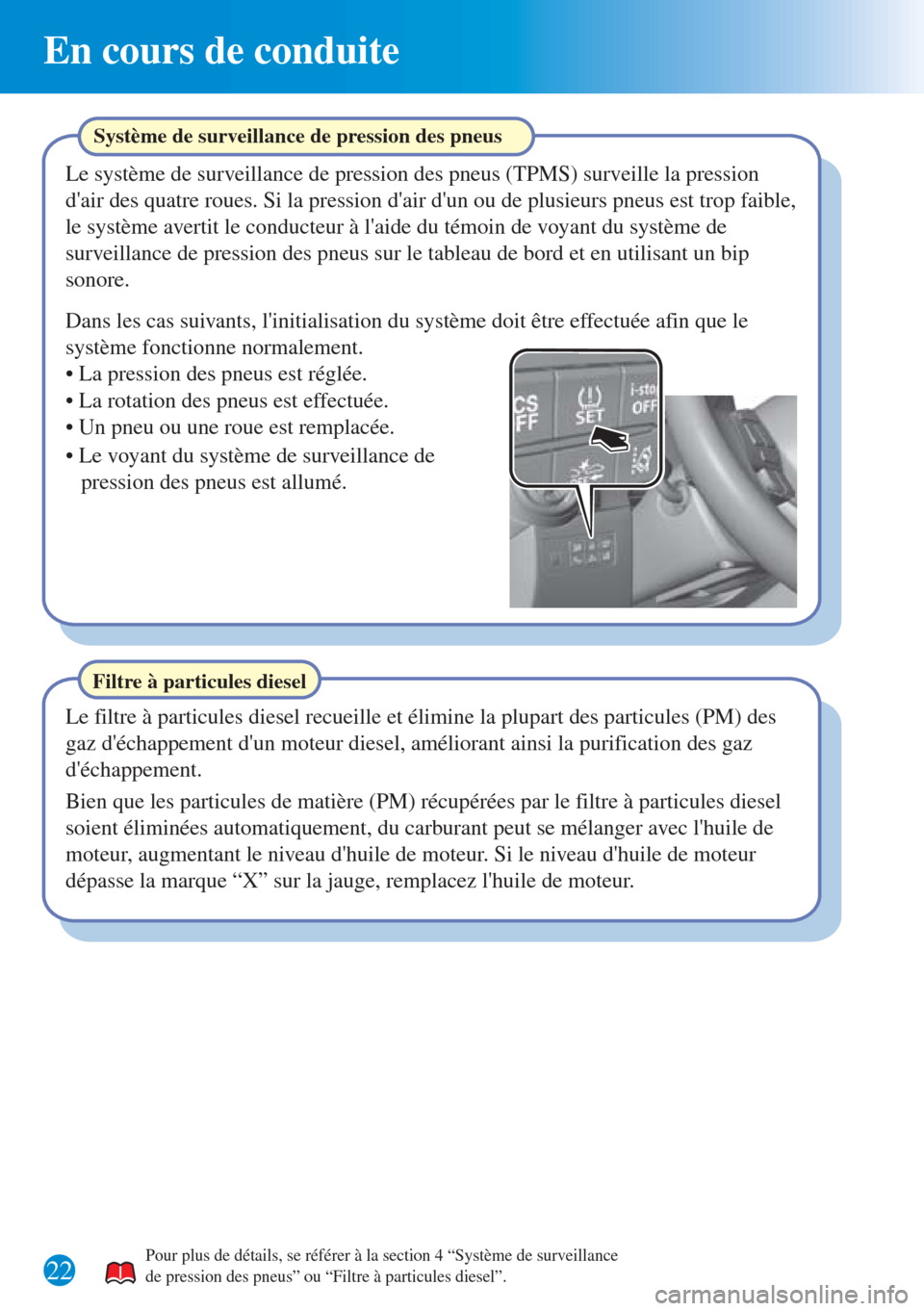 MAZDA MODEL CX-3 2016 Guide dutilisation rapide (in French) 22
En cours de conduite
Filtre à particules diesel
Le filtre à particules diesel recueille et élimine la plupart des particules (PM) des
gaz déchappement dun moteur diesel, améliorant ainsi la MAZDA MODEL CX-3 2016 Guide dutilisation rapide (in French) 22
En cours de conduite
Filtre à particules diesel
Le filtre à particules diesel recueille et élimine la plupart des particules (PM) des
gaz déchappement dun moteur diesel, améliorant ainsi la