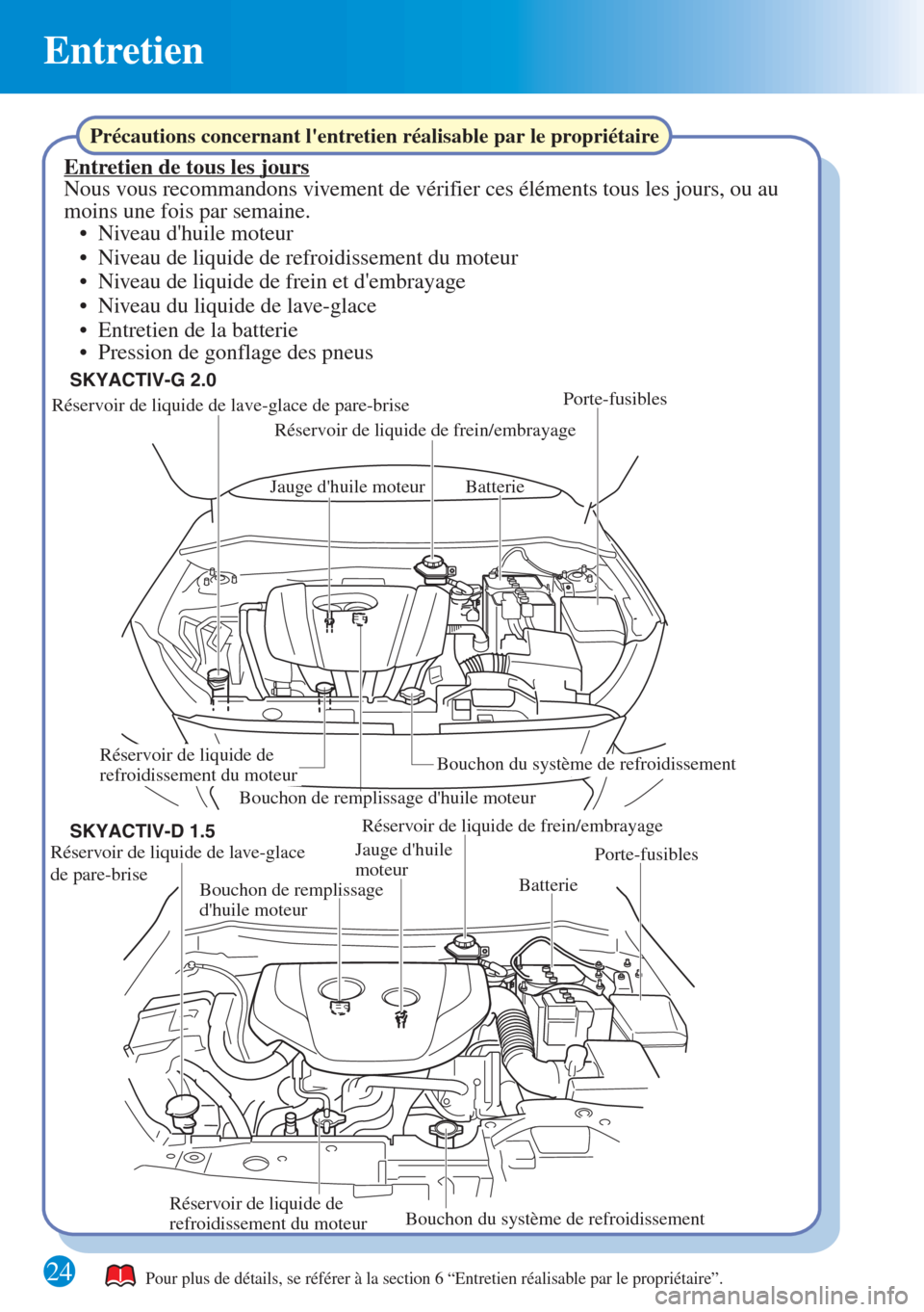 MAZDA MODEL CX-3 2016 Guide dutilisation rapide (in French) Entretien
24
Réservoir de liquide de lave-glace de pare-brise
Réservoir de liquide de frein/embrayage
Jauge dhuile moteur Batterie
Porte-fusibles
Bouchon du système de refroidissement Réservoi MAZDA MODEL CX-3 2016 Guide dutilisation rapide (in French) Entretien
24
Réservoir de liquide de lave-glace de pare-brise
Réservoir de liquide de frein/embrayage
Jauge dhuile moteur Batterie
Porte-fusibles
Bouchon du système de refroidissement Réservoi