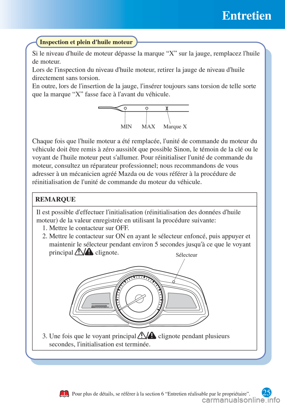 MAZDA MODEL CX-3 2016 Guide dutilisation rapide (in French) Entretien
25
Inspection et plein dhuile moteur
Sélecteur
Si le niveau dhuile de moteur dépasse la marque “X” sur la jauge, remplacez lhuile
de moteur.
Lors de linspection du niveau dhuile MAZDA MODEL CX-3 2016 Guide dutilisation rapide (in French) Entretien
25
Inspection et plein dhuile moteur
Sélecteur
Si le niveau dhuile de moteur dépasse la marque “X” sur la jauge, remplacez lhuile
de moteur.
Lors de linspection du niveau dhuile