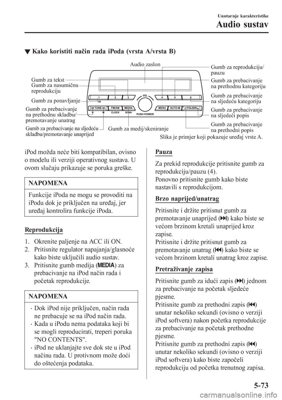 MAZDA MODEL CX-3 2016  Upute za uporabu (in Croatian) ▼Kako koristiti način rada iPoda (vrsta A/vrsta B)
Gumb za medij/skeniranjeGumb za prebacivanje 
na prethodni popis Gumb za prebacivanje 
na sljedeći popis Gumb za reprodukciju/
pauzu
Gumb za nasu