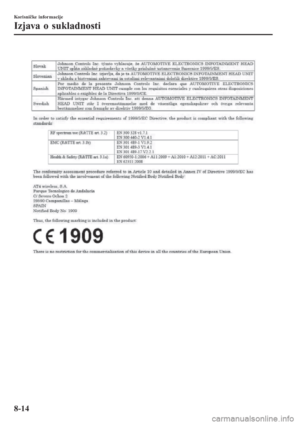 MAZDA MODEL CX-3 2016  Upute za uporabu (in Croatian)  
Korisničke informacije
Izjava o sukladnosti
8-14 