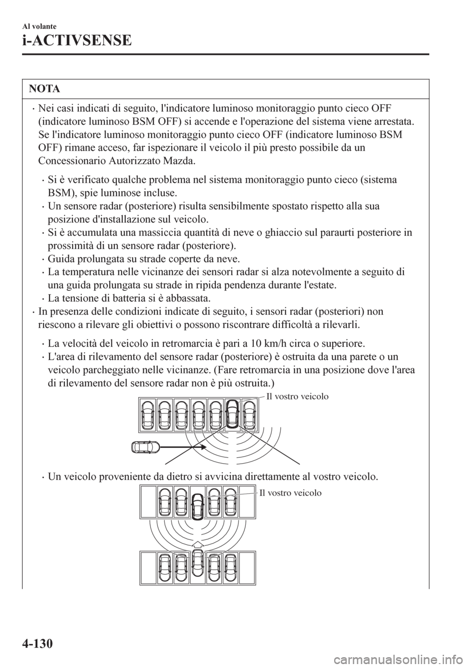 MAZDA MODEL CX-3 2016 Manuale del proprietario (in Italian) NOTA
•Nei casi indicati di seguito, lindicatore luminoso monitoraggio punto cieco OFF
(indicatore luminoso BSM OFF) si accende e loperazione del sistema viene arrestata.
Se lindicatore luminoso m MAZDA MODEL CX-3 2016 Manuale del proprietario (in Italian) NOTA
•Nei casi indicati di seguito, lindicatore luminoso monitoraggio punto cieco OFF
(indicatore luminoso BSM OFF) si accende e loperazione del sistema viene arrestata.
Se lindicatore luminoso m
