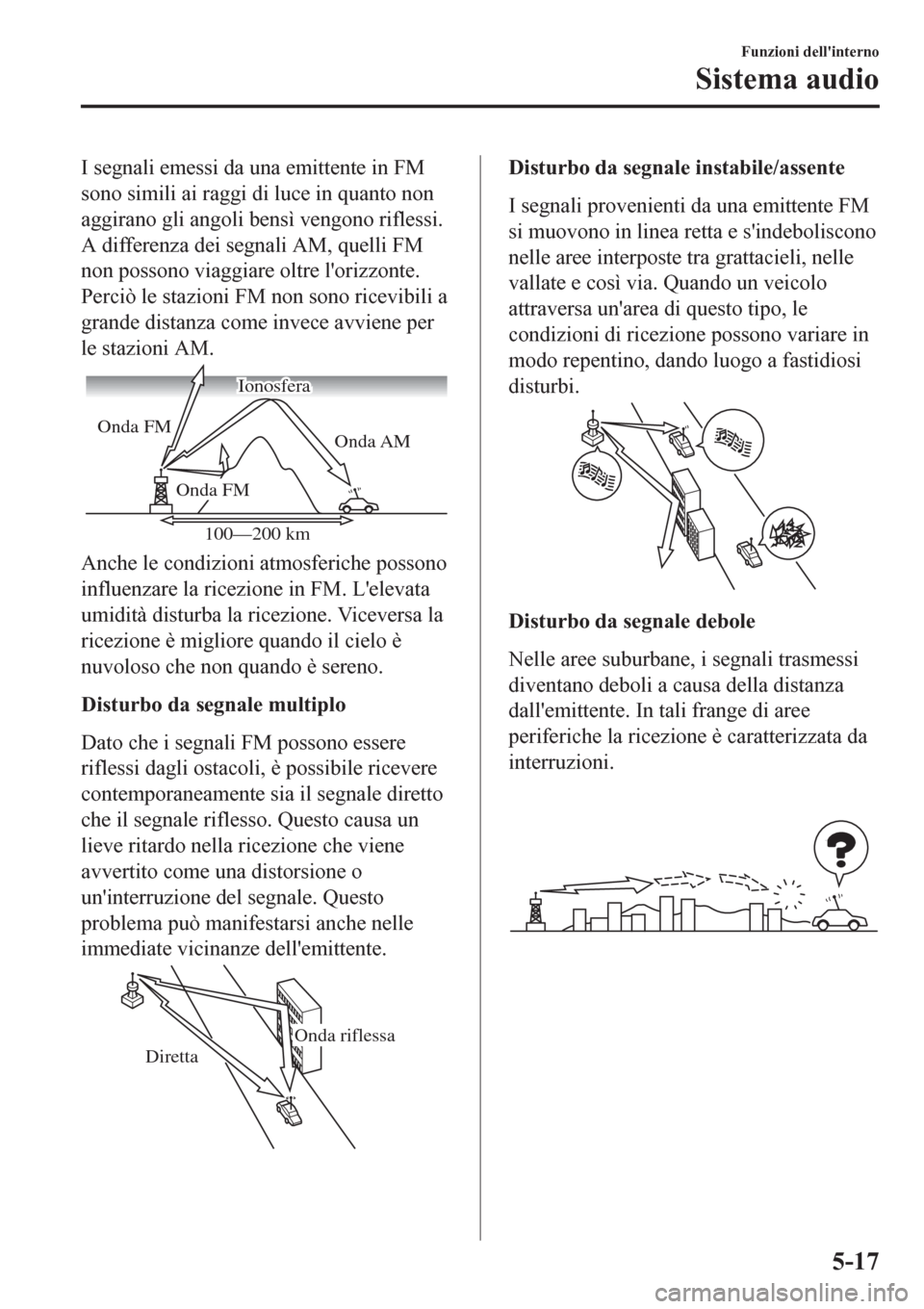 MAZDA MODEL CX-3 2016 Manuale del proprietario (in Italian) I segnali emessi da una emittente in FM
sono simili ai raggi di luce in quanto non
aggirano gli angoli bensì vengono riflessi.
A differenza dei segnali AM, quelli FM
non possono viaggiare oltre lori MAZDA MODEL CX-3 2016 Manuale del proprietario (in Italian) I segnali emessi da una emittente in FM
sono simili ai raggi di luce in quanto non
aggirano gli angoli bensì vengono riflessi.
A differenza dei segnali AM, quelli FM
non possono viaggiare oltre lori