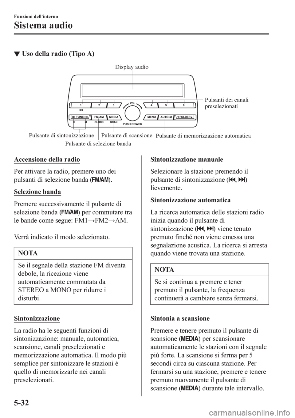 MAZDA MODEL CX-3 2016 Manuale del proprietario (in Italian) ▼Uso della radio (Tipo A)
Pulsante di selezione bandaPulsanti dei canali
preselezionati
Pulsante di scansione
Pulsante di memorizzazione automatica
Pulsante di sintonizzazioneDisplay audio
Accensio MAZDA MODEL CX-3 2016 Manuale del proprietario (in Italian) ▼Uso della radio (Tipo A)
Pulsante di selezione bandaPulsanti dei canali
preselezionati
Pulsante di scansione
Pulsante di memorizzazione automatica
Pulsante di sintonizzazioneDisplay audio
Accensio