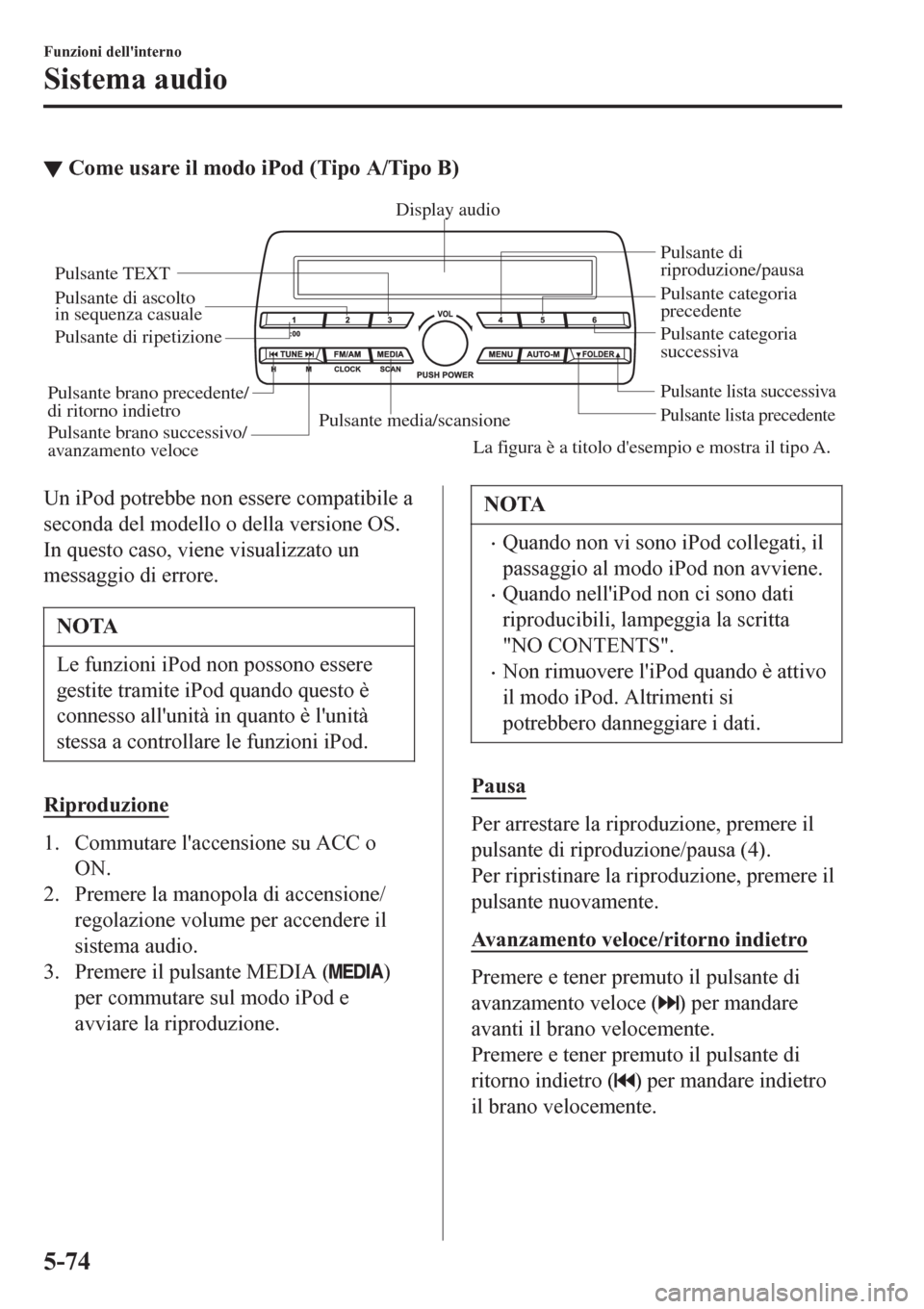 MAZDA MODEL CX-3 2016 Manuale del proprietario (in Italian) ▼Come usare il modo iPod (Tipo A/Tipo B)
Pulsante media/scansionePulsante lista precedente
Pulsante lista successiva
Pulsante di
riproduzione/pausa
Pulsante di ascolto
in sequenza casuale
Pulsante MAZDA MODEL CX-3 2016 Manuale del proprietario (in Italian) ▼Come usare il modo iPod (Tipo A/Tipo B)
Pulsante media/scansionePulsante lista precedente
Pulsante lista successiva
Pulsante di
riproduzione/pausa
Pulsante di ascolto
in sequenza casuale
Pulsante