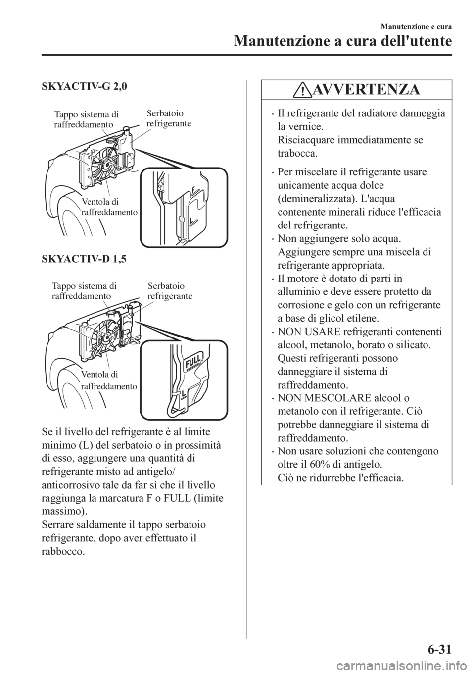 MAZDA MODEL CX-3 2016 Manuale del proprietario (in Italian) SKYACTIV-G 2,0
Tappo sistema di
raffreddamentoSerbatoio
refrigerante
Ventola di
raffreddamento
SKYACTIV-D 1,5
Tappo sistema di
raffreddamentoSerbatoio
refrigerante
Ventola di
raffreddamento
MAZDA MODEL CX-3 2016 Manuale del proprietario (in Italian) SKYACTIV-G 2,0
Tappo sistema di
raffreddamentoSerbatoio
refrigerante
Ventola di
raffreddamento
SKYACTIV-D 1,5
Tappo sistema di
raffreddamentoSerbatoio
refrigerante
Ventola di
raffreddamento