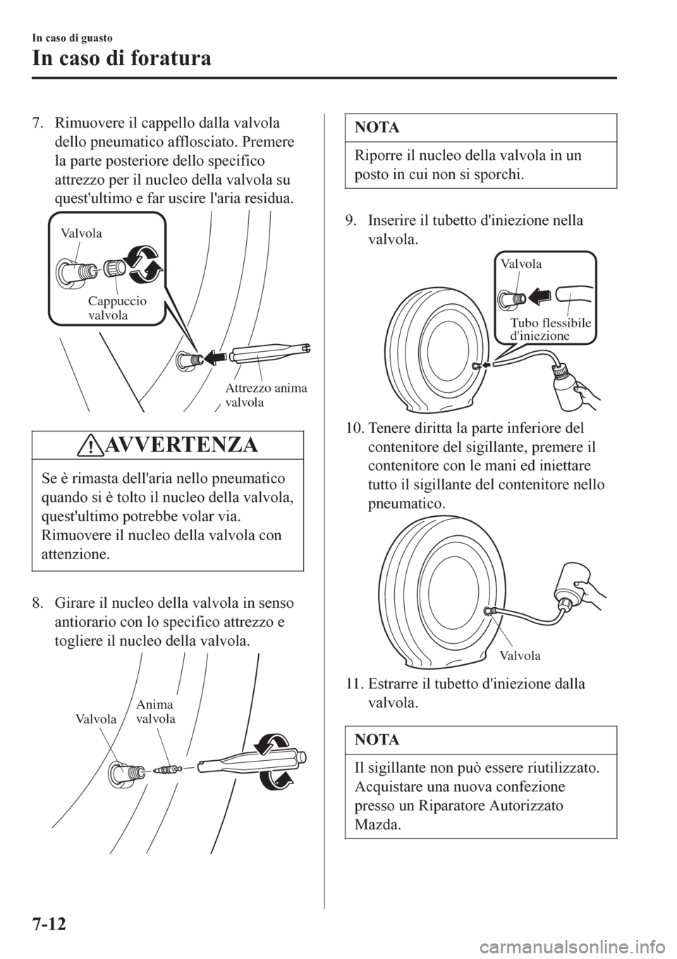 MAZDA MODEL CX-3 2016 Manuale del proprietario (in Italian) 7. Rimuovere il cappello dalla valvola
dello pneumatico afflosciato. Premere
la parte posteriore dello specifico
attrezzo per il nucleo della valvola su
questultimo e far uscire laria residua.
Va lv MAZDA MODEL CX-3 2016 Manuale del proprietario (in Italian) 7. Rimuovere il cappello dalla valvola
dello pneumatico afflosciato. Premere
la parte posteriore dello specifico
attrezzo per il nucleo della valvola su
questultimo e far uscire laria residua.
Va lv
