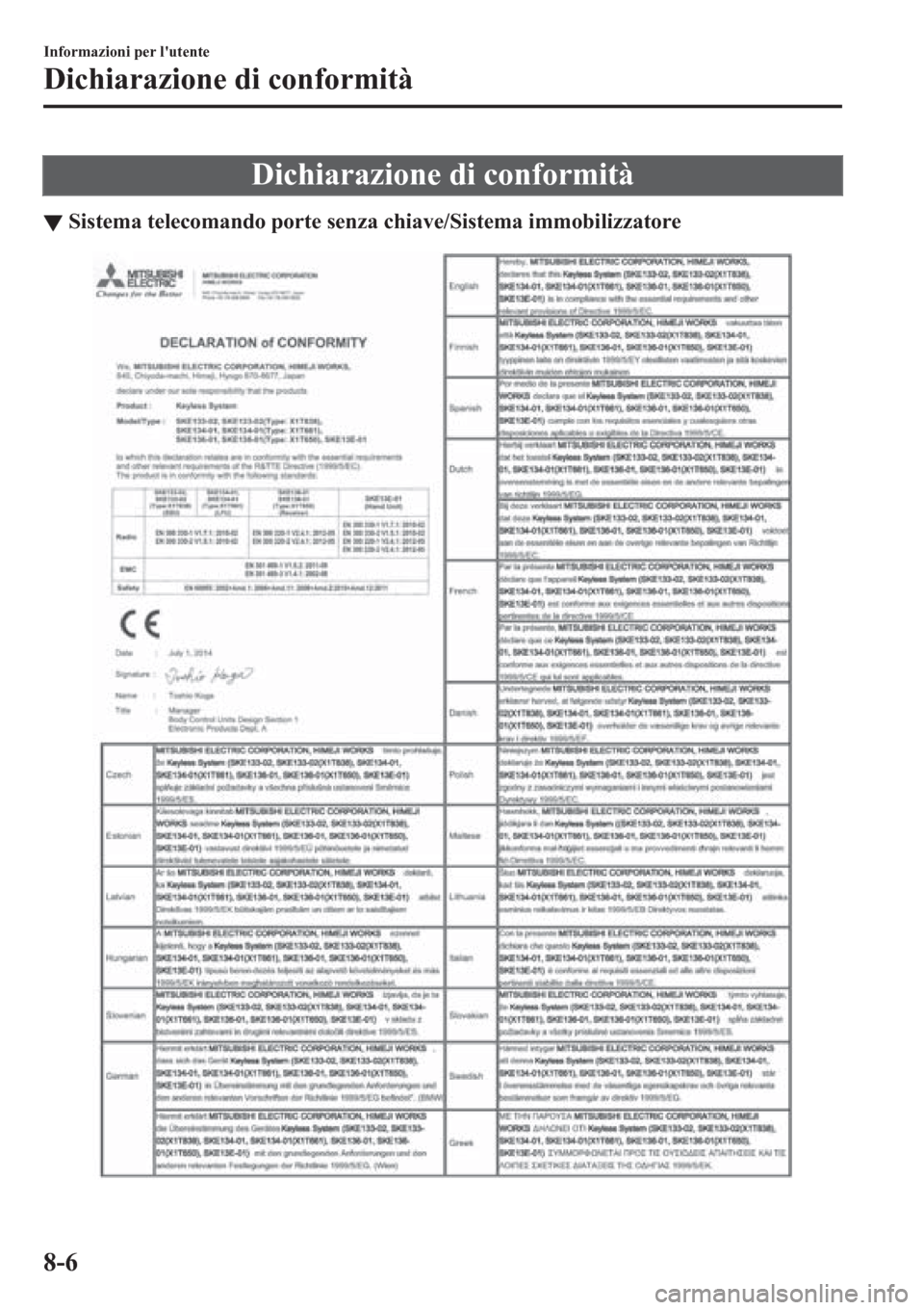 MAZDA MODEL CX-3 2016 Manuale del proprietario (in Italian) Dichiarazione di conformità
▼Sistema telecomando porte senza chiave/Sistema immobilizzatore
Informazioni per lutente
Dichiarazione di conformit MAZDA MODEL CX-3 2016 Manuale del proprietario (in Italian) Dichiarazione di conformità
▼Sistema telecomando porte senza chiave/Sistema immobilizzatore
Informazioni per lutente
Dichiarazione di conformit