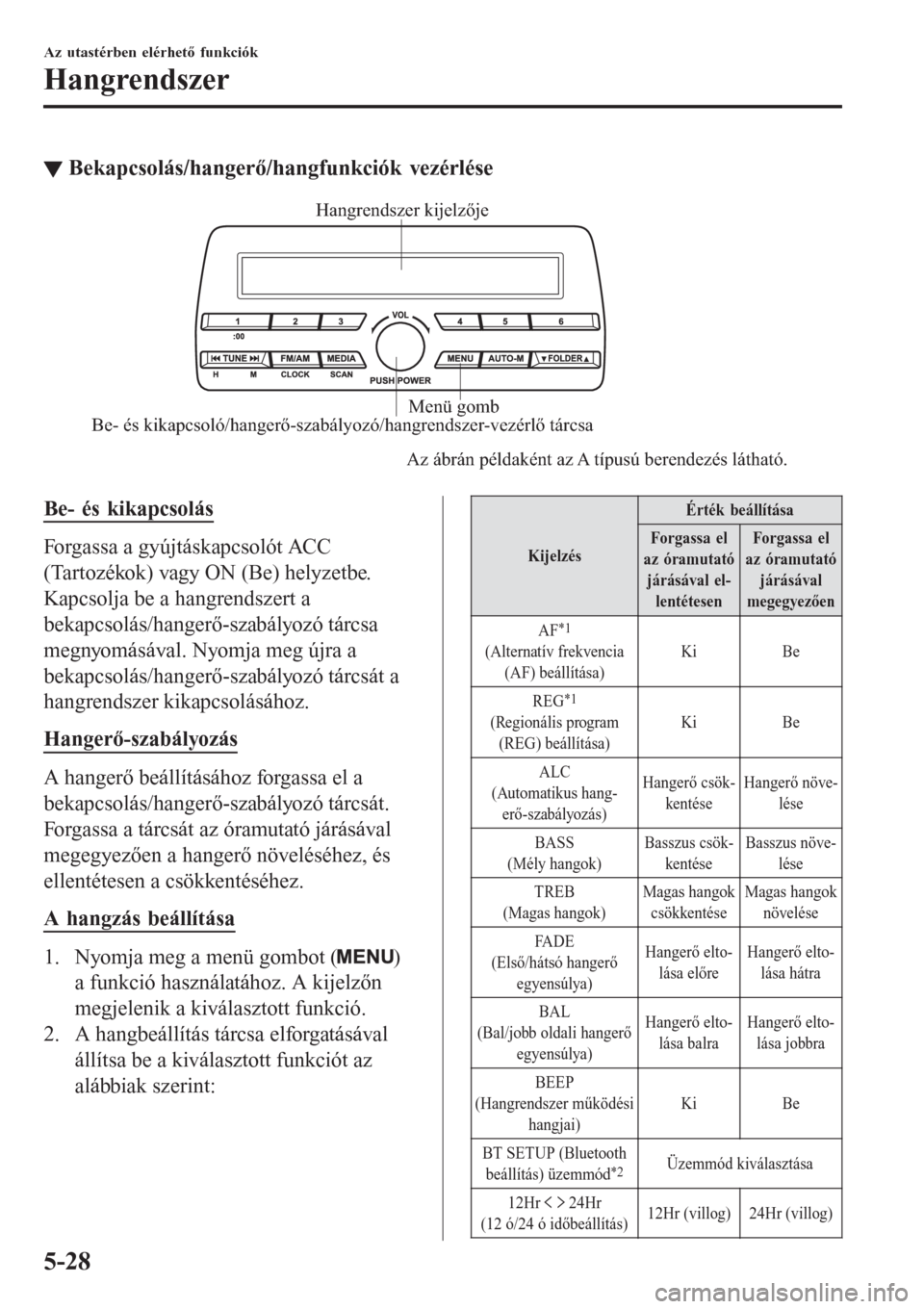 MAZDA MODEL CX-3 2016  Kezelési útmutató (in Hungarian) ▼Bekapcsolás/hangerő/hangfunkciók vezérlése
Be- és kikapcsoló/hangerő-szabályozó/hangrendszer-vezérlő tárcsa
Az ábrán példaként az A típusú berendezés látható. Menü gomb Hangr