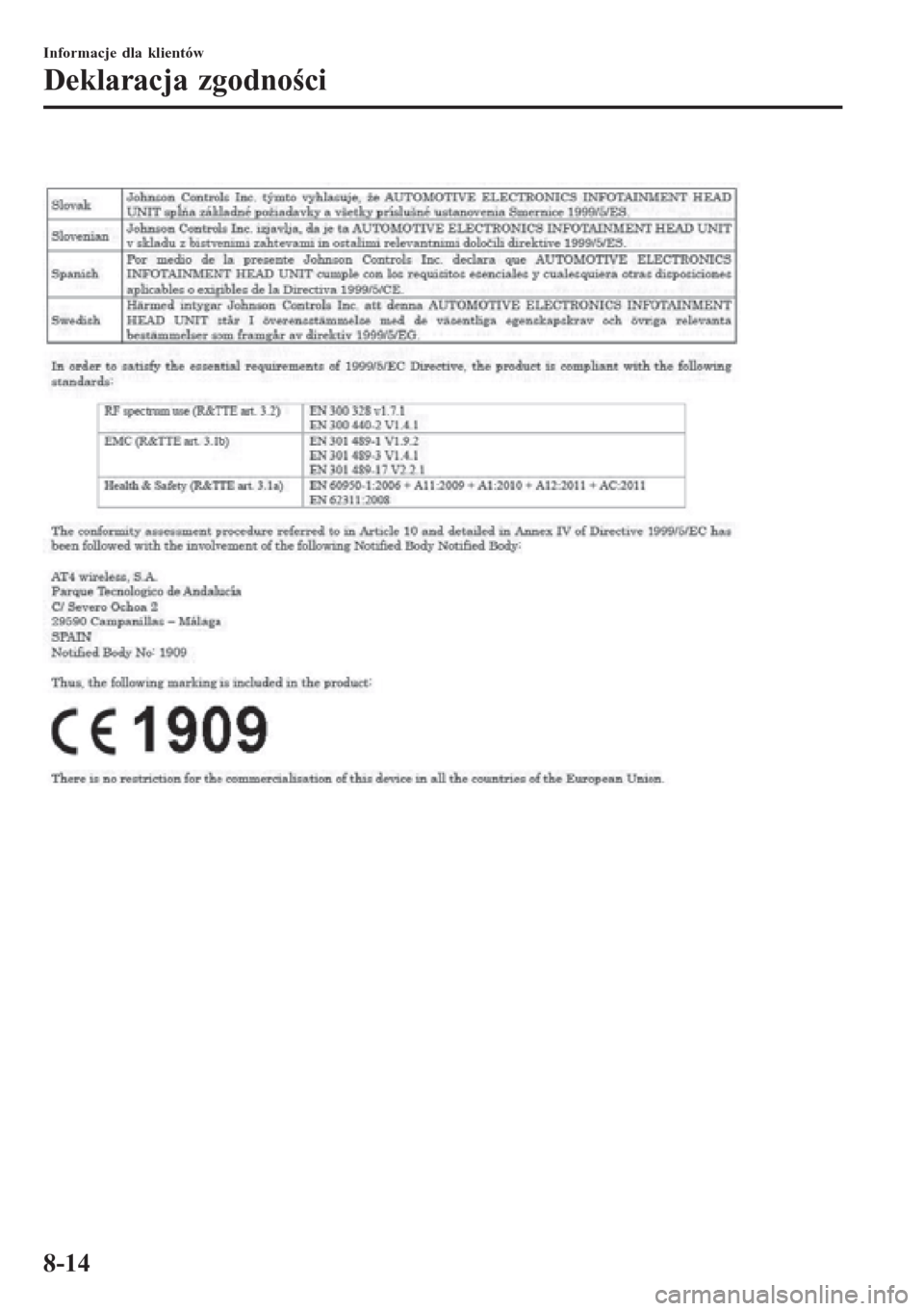 MAZDA MODEL CX-3 2016  Instrukcja Obsługi (in Polish)  
Informacje dla klientów
Deklaracja zgodności
8-14 