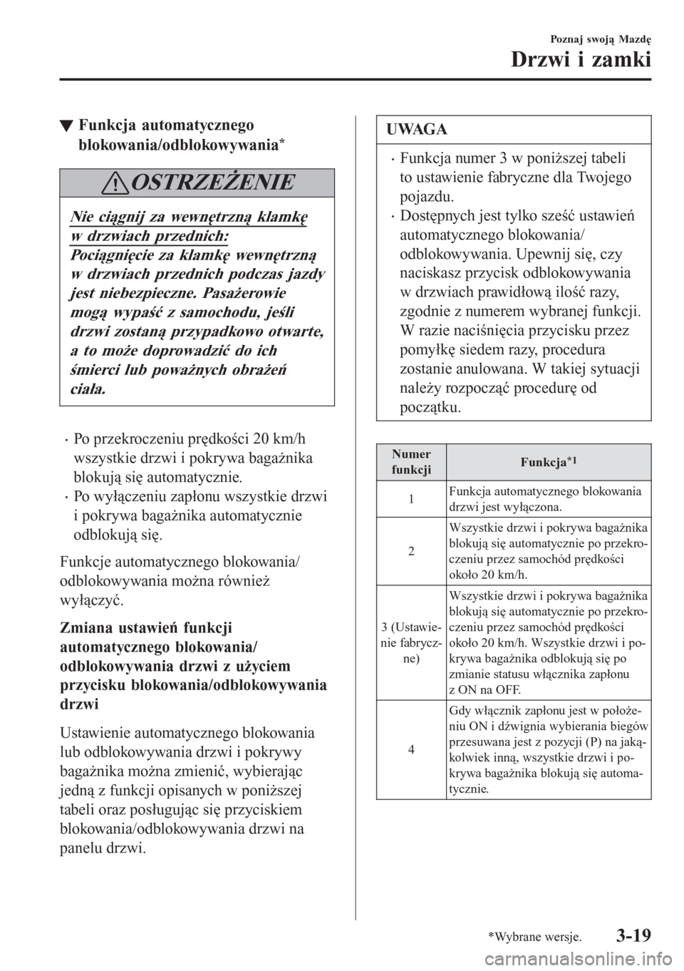 MAZDA MODEL CX-3 2016  Instrukcja Obsługi (in Polish) tFunkcja automatycznego
blokowania/odblokowywania
*
OSTRZEŻENIE
Nie ciągnij za wewnętrzną klamkę
w drzwiach przednich:
Pociągnięcie za klamkę wewnętrzną
w drzwiach przednich podczas jazdy
je