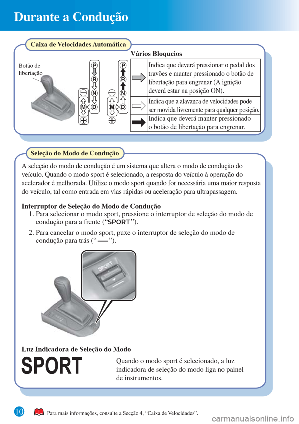 MAZDA MODEL CX-3 2016 Guia Rápido (in Portuguese) Durante a Condução
10
Botão de
libertação
Caixa de Velocidades Automática
Vários Bloqueios
Indica que deverá pressionar o pedal dos
travões e manter pressionado o botão de
libertação pa MAZDA MODEL CX-3 2016 Guia Rápido (in Portuguese) Durante a Condução
10
Botão de
libertação
Caixa de Velocidades Automática
Vários Bloqueios
Indica que deverá pressionar o pedal dos
travões e manter pressionado o botão de
libertação pa