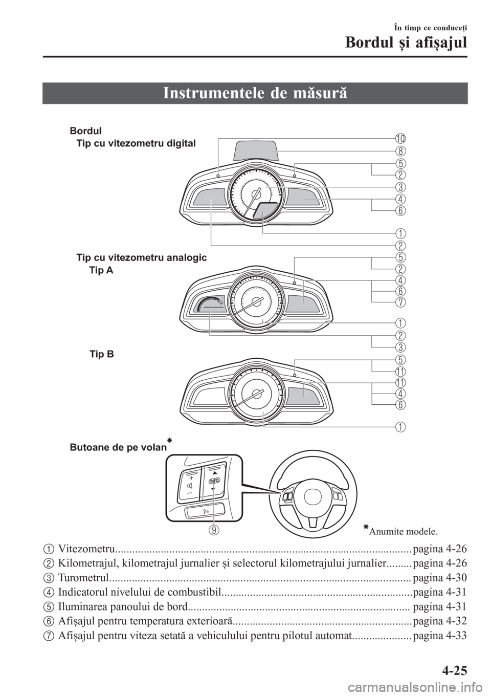 MAZDA MODEL CX-3 2016 Manualul de utilizare (in Romanian) Instrumentele de măsură
Butoane de pe volan
Anumite modele.
Tip A Tip cu vitezometru digital
Tip cu vitezometru analogic
Tip B
Bordul
1Vitezometru.............................................. MAZDA MODEL CX-3 2016 Manualul de utilizare (in Romanian) Instrumentele de măsură
Butoane de pe volan
Anumite modele.
Tip A Tip cu vitezometru digital
Tip cu vitezometru analogic
Tip B
Bordul
1Vitezometru..............................................