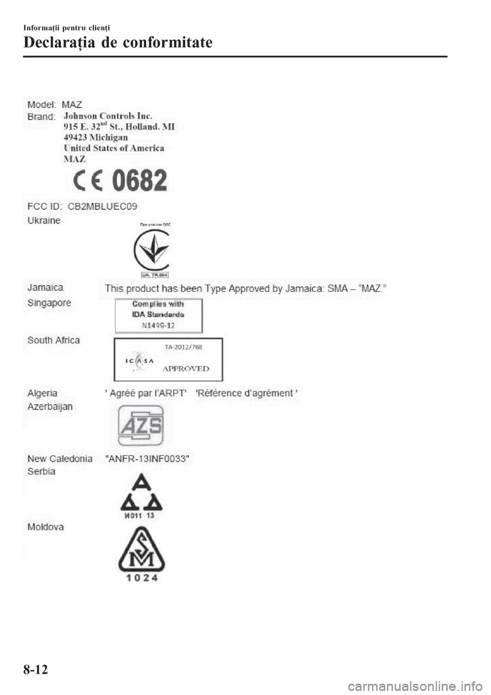 MAZDA MODEL CX-3 2016 Manualul de utilizare (in Romanian)
Informaţii pentru clienţi
Declaraţia de conformitate
8-12 MAZDA MODEL CX-3 2016 Manualul de utilizare (in Romanian)
Informaţii pentru clienţi
Declaraţia de conformitate
8-12