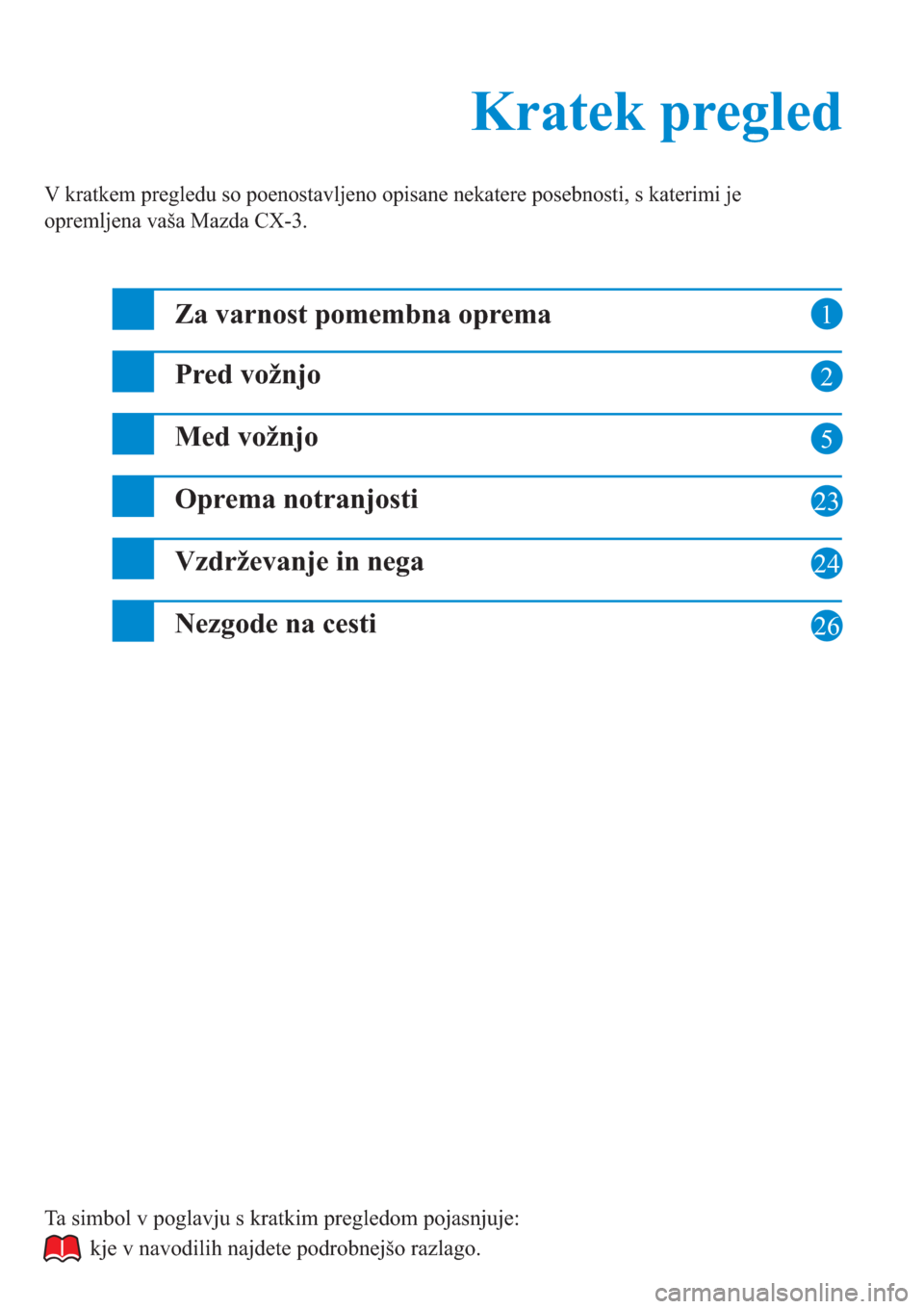 MAZDA MODEL CX-3 2016  Kratek pregled (in Slovenian) 1
2
5
23
24
26
Kratek pregled Kratek pregled
V kratkem pregledu so poenostavljeno opisane nekatere posebnosti, s katerimi je 
opremljena vaša Mazda CX-3.
Za varnost pomembna oprema
Pred vožnjo
Med v