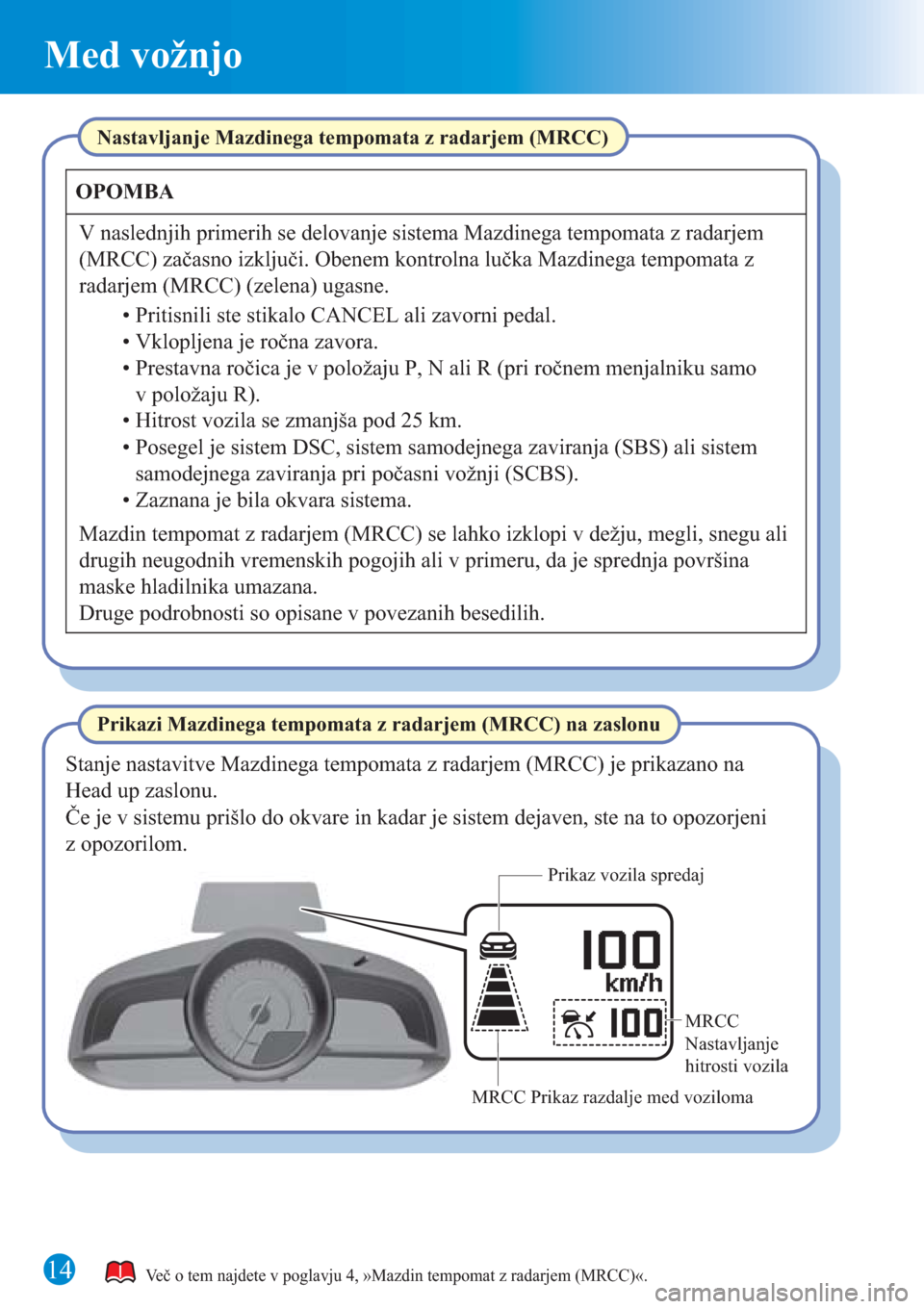 MAZDA MODEL CX-3 2016 Kratek pregled (in Slovenian) 14
Med vožnjo
Več o tem najdete v poglavju 4, »Mazdin tempomat z radarjem (MRCC)«.
Prikazi Mazdinega tempomata z radarjem (MRCC) na zaslonu Nastavljanje Mazdinega tempomata z radarjem (MRCC)
Mazdi MAZDA MODEL CX-3 2016 Kratek pregled (in Slovenian) 14
Med vožnjo
Več o tem najdete v poglavju 4, »Mazdin tempomat z radarjem (MRCC)«.
Prikazi Mazdinega tempomata z radarjem (MRCC) na zaslonu Nastavljanje Mazdinega tempomata z radarjem (MRCC)
Mazdi