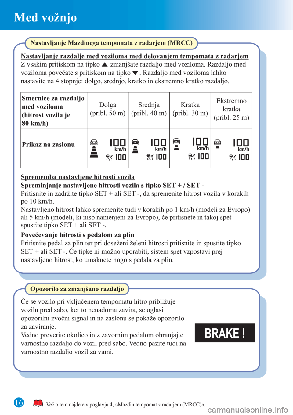 MAZDA MODEL CX-3 2016 Kratek pregled (in Slovenian) Med vožnjo
1616
BRAKE !
Več o tem najdete v poglavju 4, »Mazdin tempomat z radarjem (MRCC)«.
Nastavljanje Mazdinega tempomata z radarjem (MRCC)
Nastavljanje razdalje med voziloma med delovanjem t MAZDA MODEL CX-3 2016 Kratek pregled (in Slovenian) Med vožnjo
1616
BRAKE !
Več o tem najdete v poglavju 4, »Mazdin tempomat z radarjem (MRCC)«.
Nastavljanje Mazdinega tempomata z radarjem (MRCC)
Nastavljanje razdalje med voziloma med delovanjem t