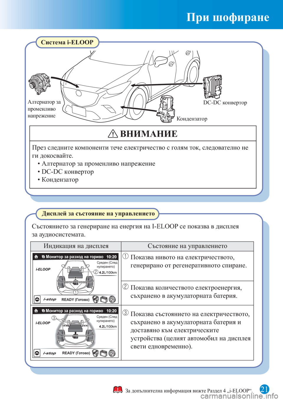 MAZDA MODEL CX-3 2016 Бързо ръководство (in Bulgarian) При шофиране
21
Алтернатор за
променливо
напрежение
КондензаторDC-DC конвертор
READY (Готово)
Среден (След
нулир MAZDA MODEL CX-3 2016 Бързо ръководство (in Bulgarian) При шофиране
21
Алтернатор за
променливо
напрежение
КондензаторDC-DC конвертор
READY (Готово)
Среден (След
нулир