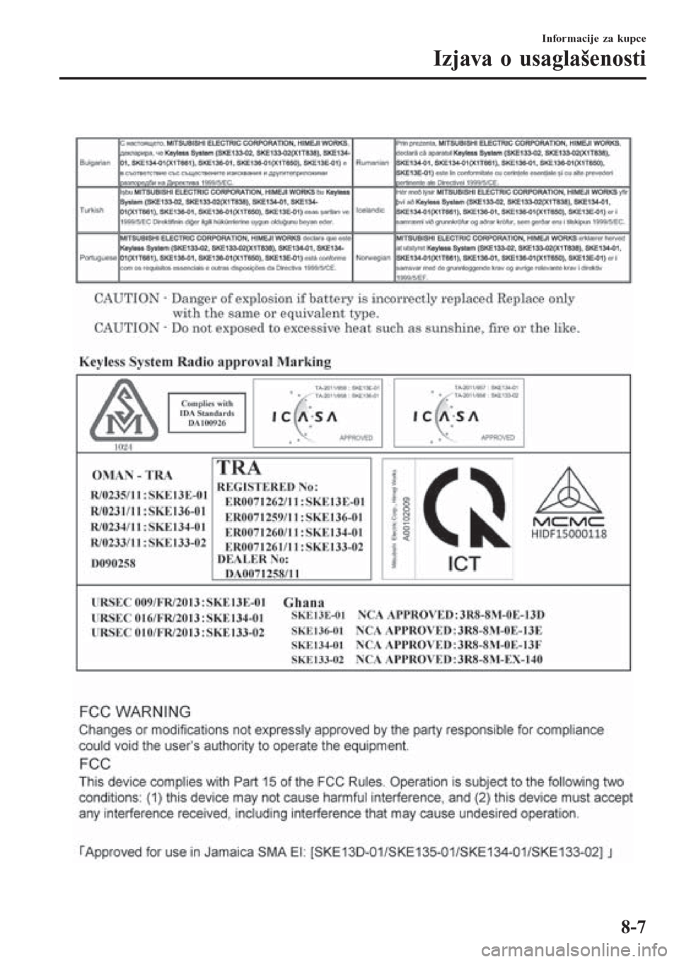 MAZDA MODEL CX-3 2016 Korisničko uputstvo (in Serbian)
Informacije za kupce
Izjava o usaglašenosti
8-7 MAZDA MODEL CX-3 2016 Korisničko uputstvo (in Serbian)
Informacije za kupce
Izjava o usaglašenosti
8-7