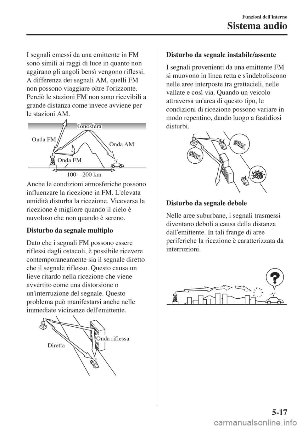 MAZDA MODEL CX-3 2015 Manuale del proprietario (in Italian) I segnali emessi da una emittente in FM
sono simili ai raggi di luce in quanto non
aggirano gli angoli bensì vengono riflessi.
A differenza dei segnali AM, quelli FM
non possono viaggiare oltre lori MAZDA MODEL CX-3 2015 Manuale del proprietario (in Italian) I segnali emessi da una emittente in FM
sono simili ai raggi di luce in quanto non
aggirano gli angoli bensì vengono riflessi.
A differenza dei segnali AM, quelli FM
non possono viaggiare oltre lori