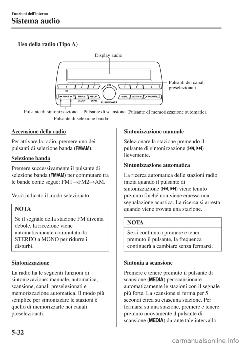 MAZDA MODEL CX-3 2015 Manuale del proprietario (in Italian) tUso della radio (Tipo A)
Pulsante di selezione bandaPulsanti dei canali
preselezionati
Pulsante di scansione
Pulsante di memorizzazione automatica
Pulsante di sintonizzazioneDisplay audio
Accensione MAZDA MODEL CX-3 2015 Manuale del proprietario (in Italian) tUso della radio (Tipo A)
Pulsante di selezione bandaPulsanti dei canali
preselezionati
Pulsante di scansione
Pulsante di memorizzazione automatica
Pulsante di sintonizzazioneDisplay audio
Accensione