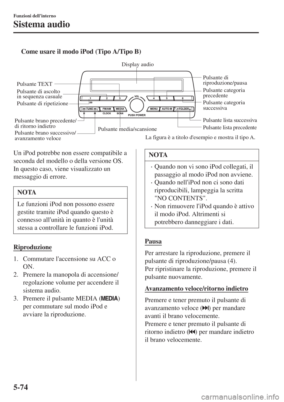 MAZDA MODEL CX-3 2015 Manuale del proprietario (in Italian) tCome usare il modo iPod (Tipo A/Tipo B)
Pulsante media/scansionePulsante lista precedente
Pulsante lista successiva
Pulsante di
riproduzione/pausa
Pulsante di ascolto
in sequenza casuale
Pulsante d MAZDA MODEL CX-3 2015 Manuale del proprietario (in Italian) tCome usare il modo iPod (Tipo A/Tipo B)
Pulsante media/scansionePulsante lista precedente
Pulsante lista successiva
Pulsante di
riproduzione/pausa
Pulsante di ascolto
in sequenza casuale
Pulsante d