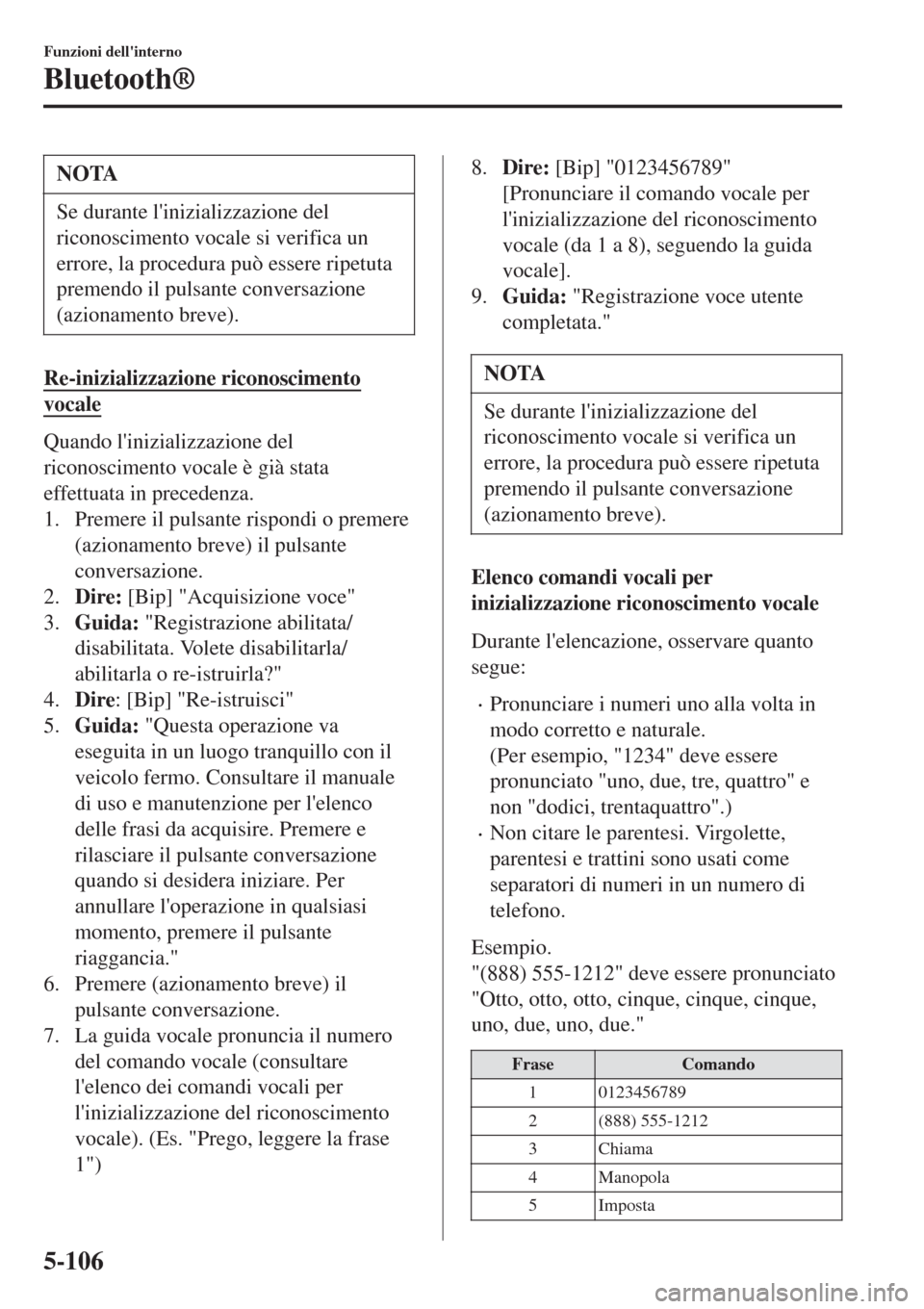 MAZDA MODEL CX-3 2015 Manuale del proprietario (in Italian) NOTA
Se durante linizializzazione del
riconoscimento vocale si verifica un
errore, la procedura può essere ripetuta
premendo il pulsante conversazione
(azionamento breve).
Re-inizializzazione ricono MAZDA MODEL CX-3 2015 Manuale del proprietario (in Italian) NOTA
Se durante linizializzazione del
riconoscimento vocale si verifica un
errore, la procedura può essere ripetuta
premendo il pulsante conversazione
(azionamento breve).
Re-inizializzazione ricono