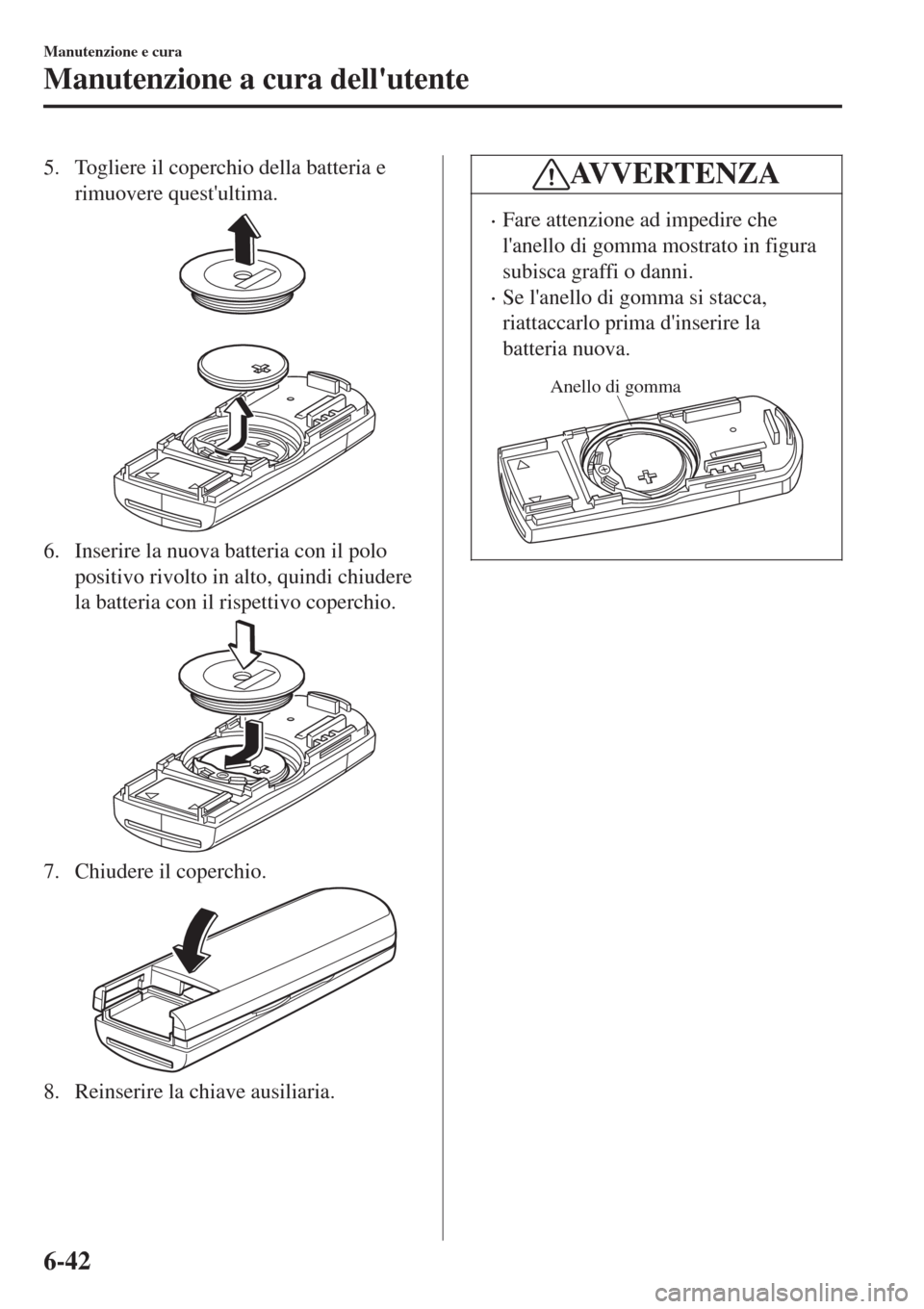 MAZDA MODEL CX-3 2015 Manuale del proprietario (in Italian) 5. Togliere il coperchio della batteria e
rimuovere questultima.
6. Inserire la nuova batteria con il polo
positivo rivolto in alto, quindi chiudere
la batteria con il rispettivo coperchio.
7. Chiude MAZDA MODEL CX-3 2015 Manuale del proprietario (in Italian) 5. Togliere il coperchio della batteria e
rimuovere questultima.
6. Inserire la nuova batteria con il polo
positivo rivolto in alto, quindi chiudere
la batteria con il rispettivo coperchio.
7. Chiude