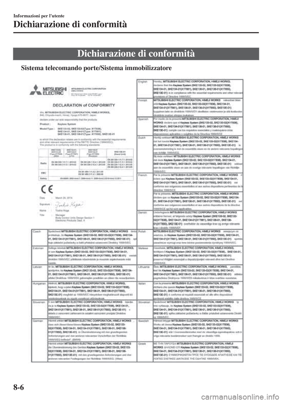 MAZDA MODEL CX-3 2015  Manuale del proprietario (in Italian) Dichiarazione di conformità
tSistema telecomando porte/Sistema immobilizzatore
Informazioni per lutente
Dichiarazione di conformità
8-6 
