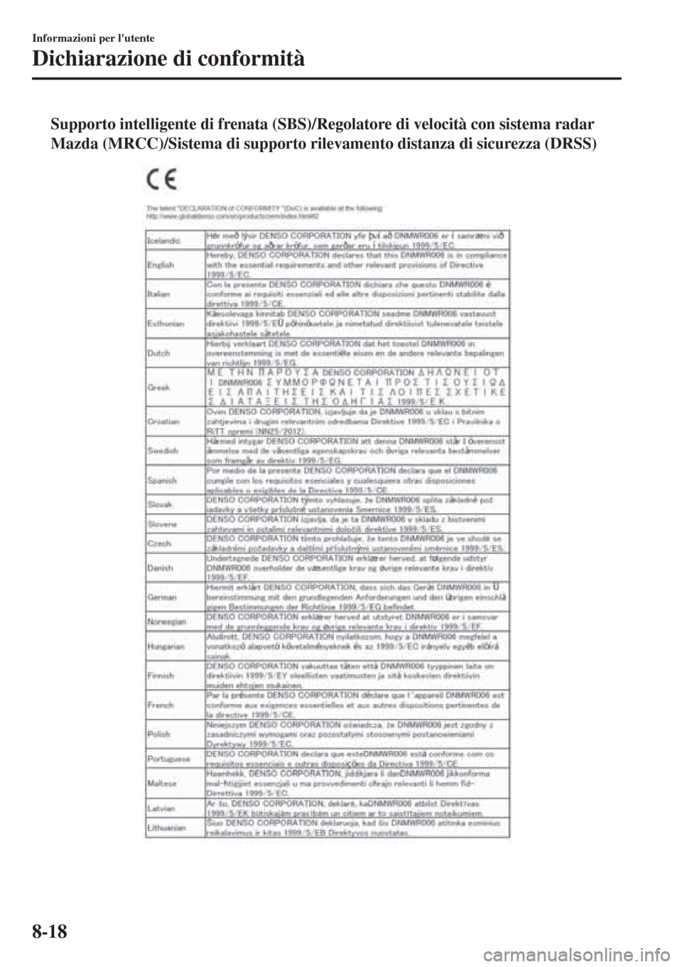 MAZDA MODEL CX-3 2015  Manuale del proprietario (in Italian) tSupporto intelligente di frenata (SBS)/Regolatore di velocità con sistema radar
Mazda (MRCC)/Sistema di supporto rilevamento distanza di sicurezza (DRSS)
Informazioni per lutente
Dichiarazione di c