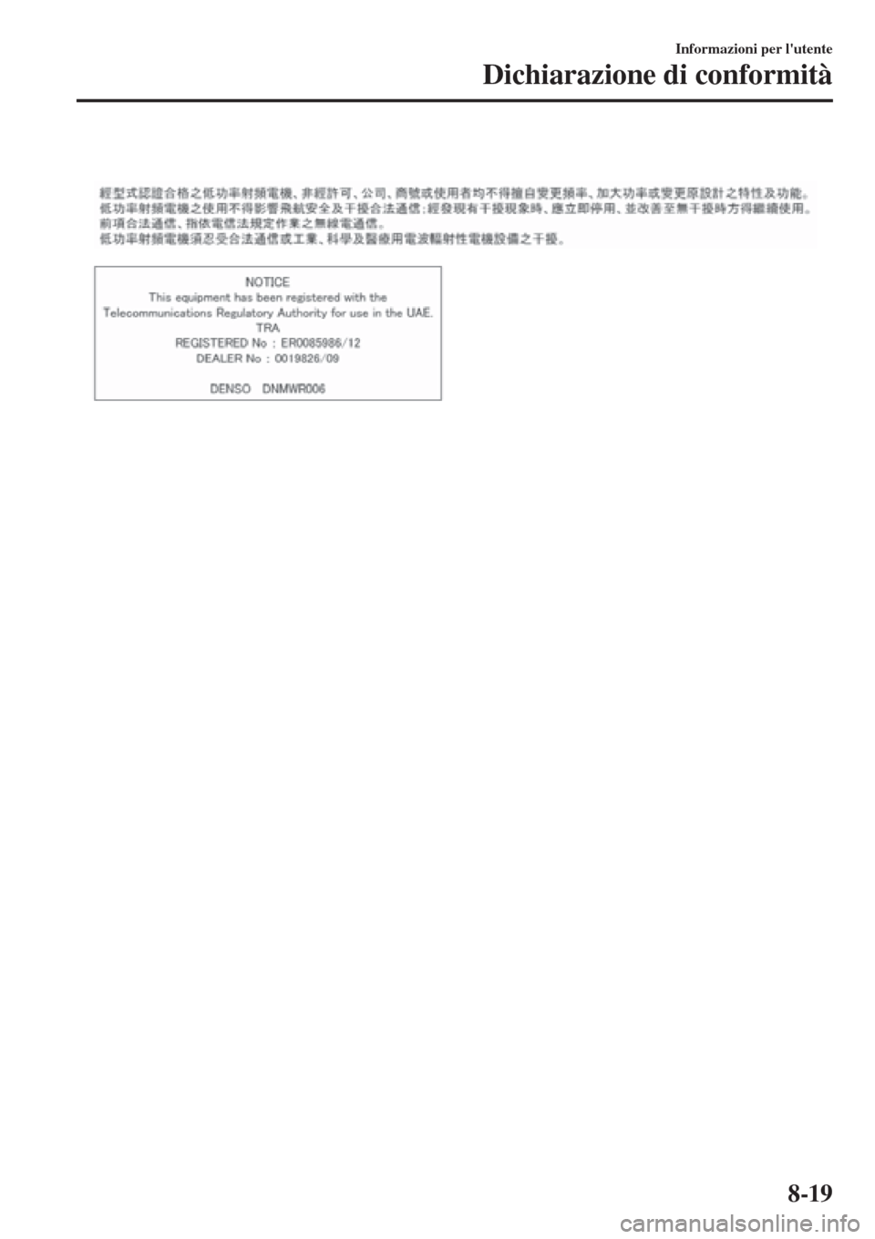 MAZDA MODEL CX-3 2015  Manuale del proprietario (in Italian)  
Informazioni per lutente
Dichiarazione di conformità
8-19 