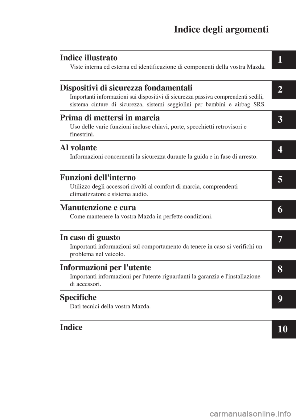 MAZDA MODEL CX-3 2015  Manuale del proprietario (in Italian) Indice degli argomenti
Indice illustrato
Viste interna ed esterna ed identificazione di componenti della vostra Mazda.1
Dispositivi di sicurezza fondamentali
Importanti informazioni sui dispositivi di