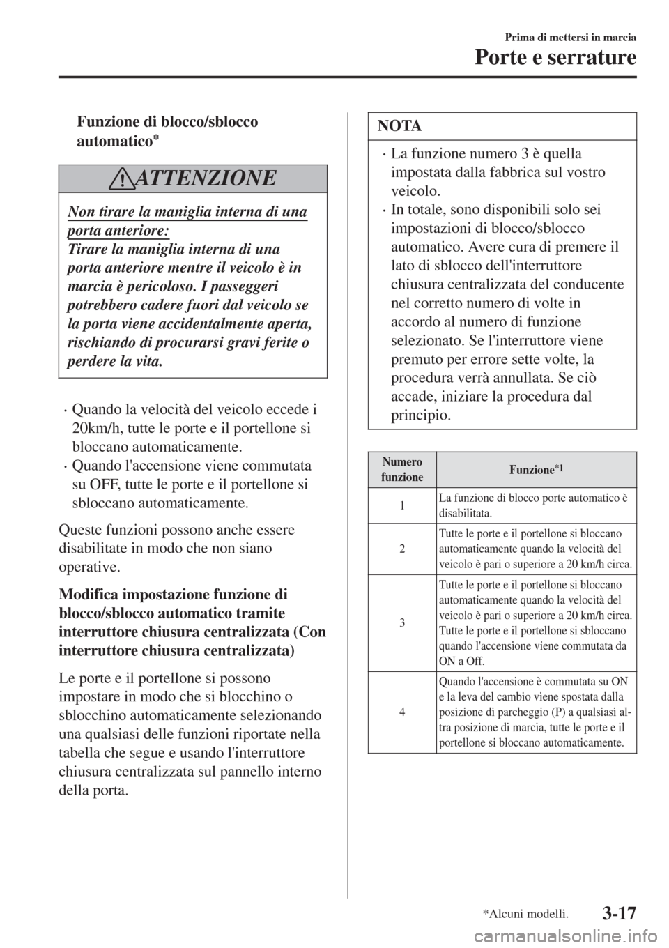 MAZDA MODEL CX-3 2015 Manuale del proprietario (in Italian) tFunzione di blocco/sblocco
automatico
*
AT T E N Z I O N E
Non tirare la maniglia interna di una
porta anteriore:
Tirare la maniglia interna di una
porta anteriore mentre il veicolo è in
marcia è p MAZDA MODEL CX-3 2015 Manuale del proprietario (in Italian) tFunzione di blocco/sblocco
automatico
*
AT T E N Z I O N E
Non tirare la maniglia interna di una
porta anteriore:
Tirare la maniglia interna di una
porta anteriore mentre il veicolo è in
marcia è p