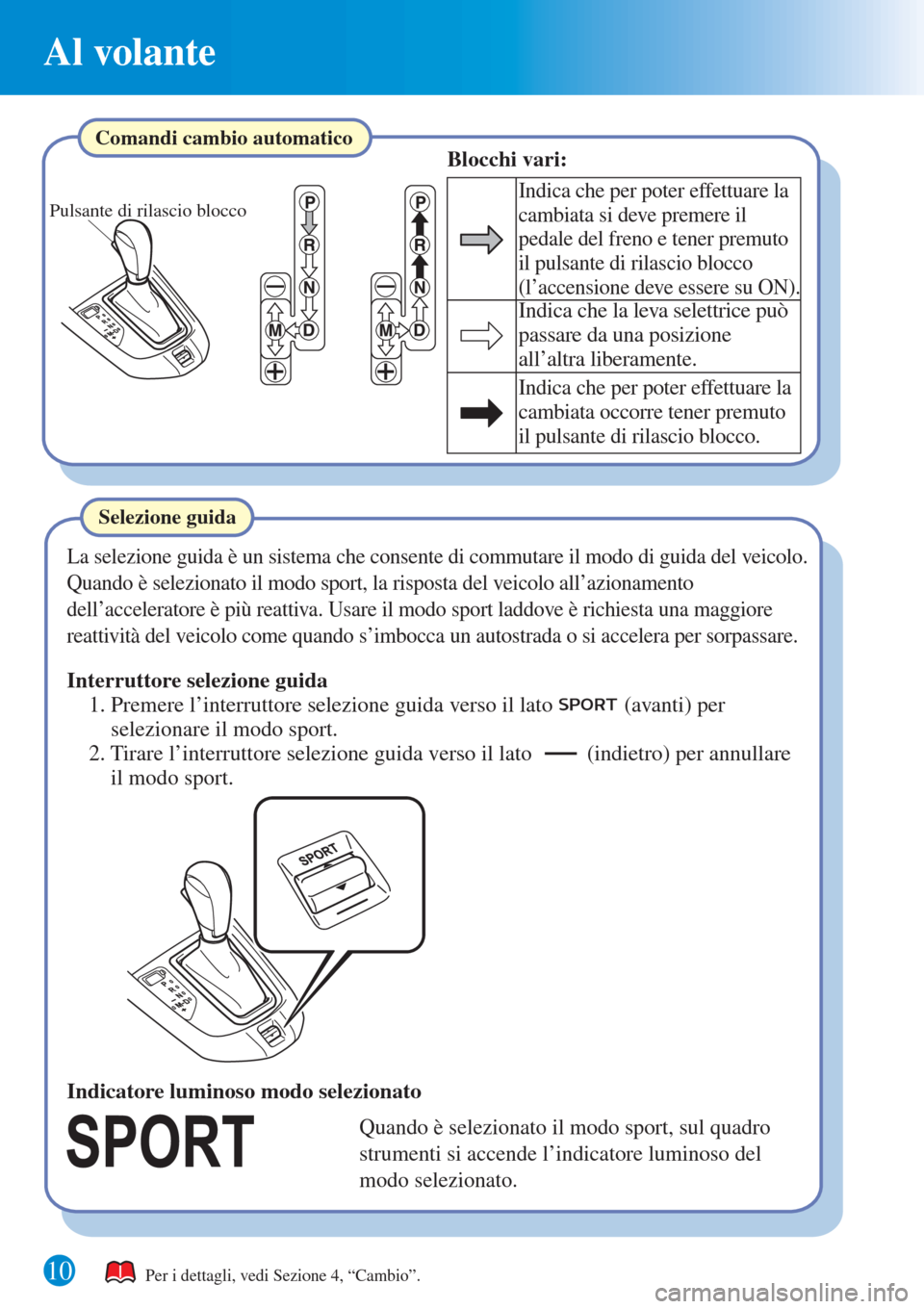 MAZDA MODEL CX-3 2015 Guida Rapida (in Italian) Al volante
10
Pulsante di rilascio blocco
Comandi cambio automaticoBlocchi vari:
Indica che per poter effettuare la
cambiata si deve premere il
pedale del freno e tener premuto
il pulsante di rilas MAZDA MODEL CX-3 2015 Guida Rapida (in Italian) Al volante
10
Pulsante di rilascio blocco
Comandi cambio automaticoBlocchi vari:
Indica che per poter effettuare la
cambiata si deve premere il
pedale del freno e tener premuto
il pulsante di rilas
