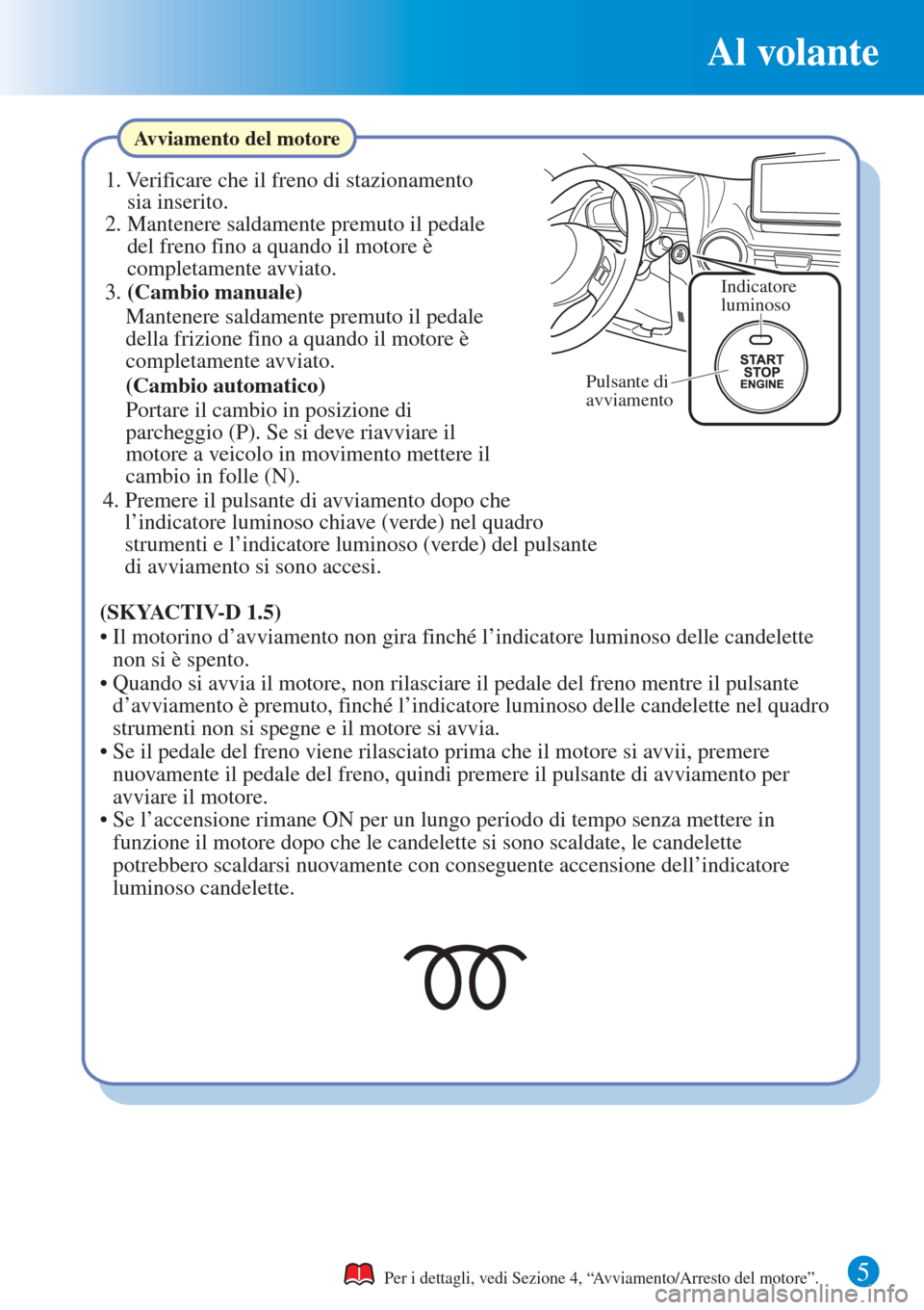 MAZDA MODEL CX-3 2015 Guida Rapida (in Italian) Al volante
5
Avviamento del motore
Per i dettagli, vedi Sezione 4, “Avviamento/Arresto del motore”.
1. Verificare che il freno di stazionamento
sia inserito.
2. Mantenere saldamente premuto il pe MAZDA MODEL CX-3 2015 Guida Rapida (in Italian) Al volante
5
Avviamento del motore
Per i dettagli, vedi Sezione 4, “Avviamento/Arresto del motore”.
1. Verificare che il freno di stazionamento
sia inserito.
2. Mantenere saldamente premuto il pe