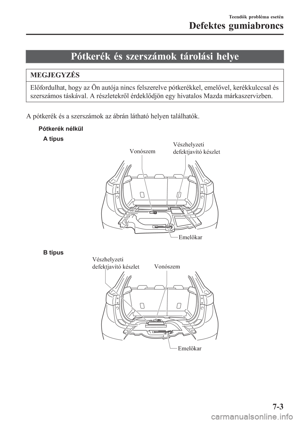 MAZDA MODEL CX-3 2015 Kezelési útmutató (in Hungarian) Pótkerék és szerszámok tárolási helye
MEGJEGYZÉS
Előfordulhat, hogy az Ön autója nincs felszerelve pótkerékkel, emelővel, kerékkulccsal és
szerszámos táskával. A részletekről érde MAZDA MODEL CX-3 2015 Kezelési útmutató (in Hungarian) Pótkerék és szerszámok tárolási helye
MEGJEGYZÉS
Előfordulhat, hogy az Ön autója nincs felszerelve pótkerékkel, emelővel, kerékkulccsal és
szerszámos táskával. A részletekről érde