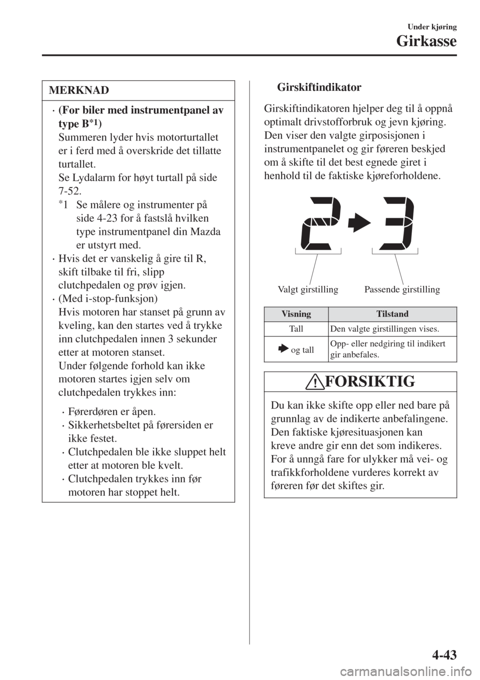 MAZDA MODEL CX-3 2015  Brukerhåndbok (in Norwegian) MERKNAD
•(For biler med instrumentpanel av
type B
*1)
Summeren lyder hvis motorturtallet
er i ferd med å overskride det tillatte
turtallet.
Se Lydalarm for høyt turtall på side
7-52.
*1 Se måler