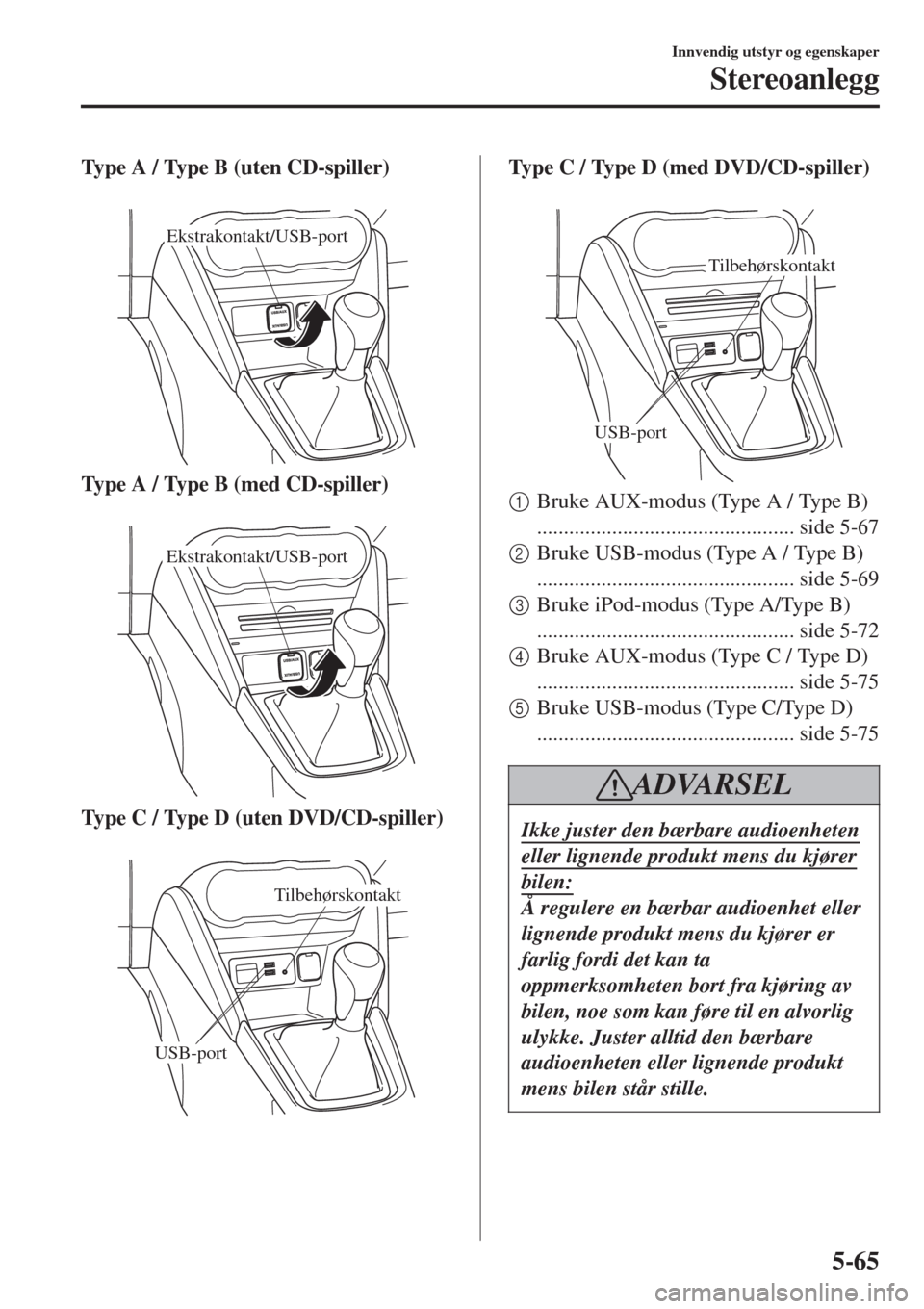 MAZDA MODEL CX-3 2015 Brukerhåndbok (in Norwegian) Type A / Type B (uten CD-spiller)
Ekstrakontakt/USB-port
Type A / Type B (med CD-spiller)
Ekstrakontakt/USB-port
Type C / Type D (uten DVD/CD-spiller)
USB-port
Tilbehørskontakt
Type C / Type D MAZDA MODEL CX-3 2015 Brukerhåndbok (in Norwegian) Type A / Type B (uten CD-spiller)
Ekstrakontakt/USB-port
Type A / Type B (med CD-spiller)
Ekstrakontakt/USB-port
Type C / Type D (uten DVD/CD-spiller)
USB-port
Tilbehørskontakt
Type C / Type D