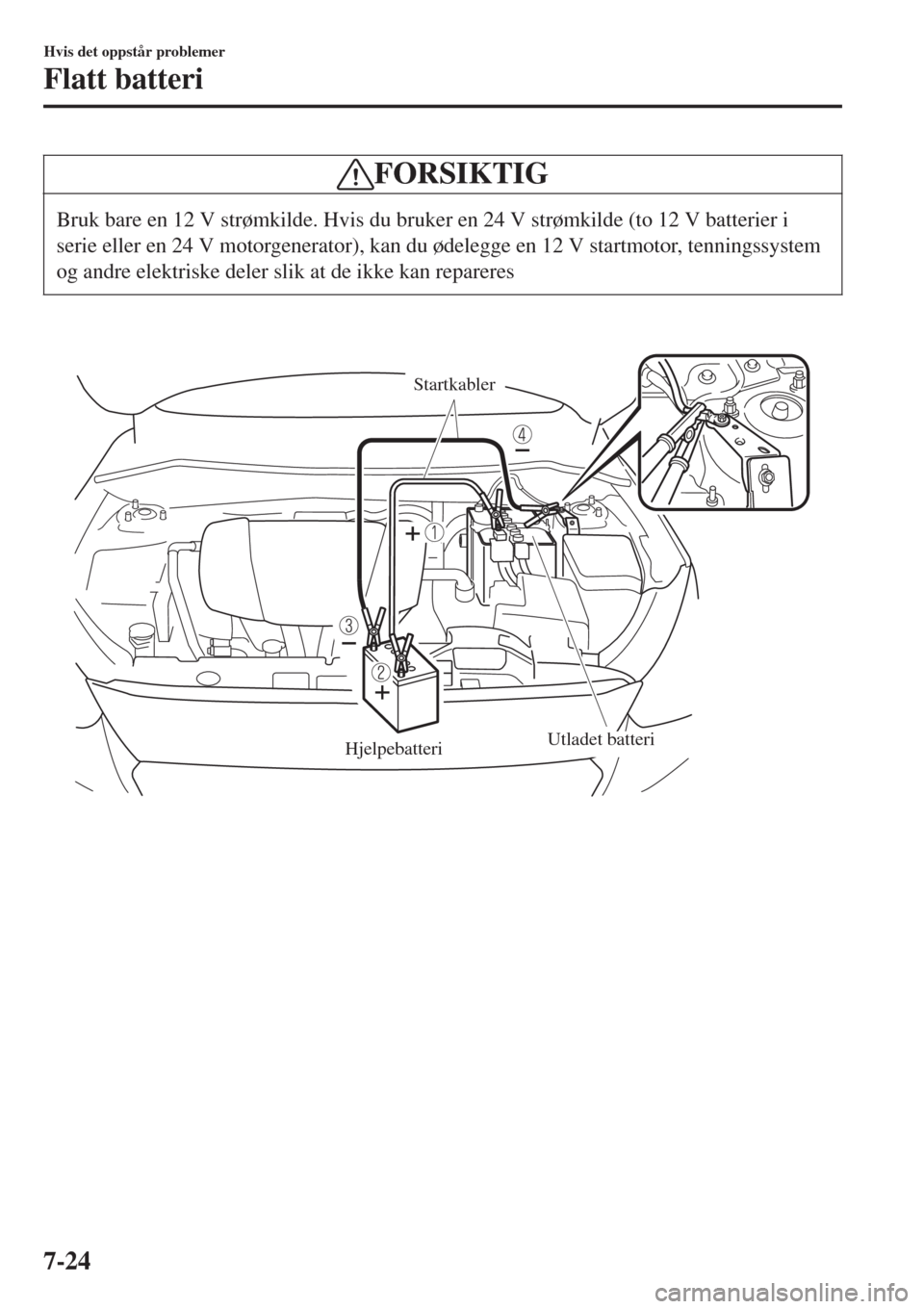 MAZDA MODEL CX-3 2015 Brukerhåndbok (in Norwegian) FORSIKTIG
Bruk bare en 12 V strømkilde. Hvis du bruker en 24 V strømkilde (to 12 V batterier i
serie eller en 24 V motorgenerator), kan du ødelegge en 12 V startmotor, tenningssystem
og andre elekt MAZDA MODEL CX-3 2015 Brukerhåndbok (in Norwegian) FORSIKTIG
Bruk bare en 12 V strømkilde. Hvis du bruker en 24 V strømkilde (to 12 V batterier i
serie eller en 24 V motorgenerator), kan du ødelegge en 12 V startmotor, tenningssystem
og andre elekt
