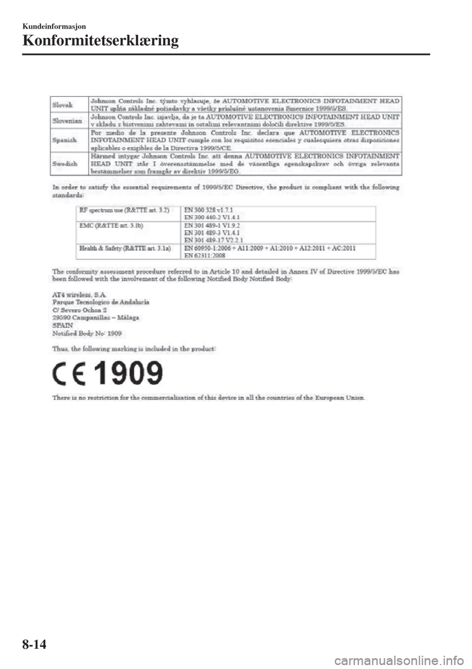 MAZDA MODEL CX-3 2015 Brukerhåndbok (in Norwegian)
Kundeinformasjon
Konformitetserklæring
8-14 MAZDA MODEL CX-3 2015 Brukerhåndbok (in Norwegian)
Kundeinformasjon
Konformitetserklæring
8-14