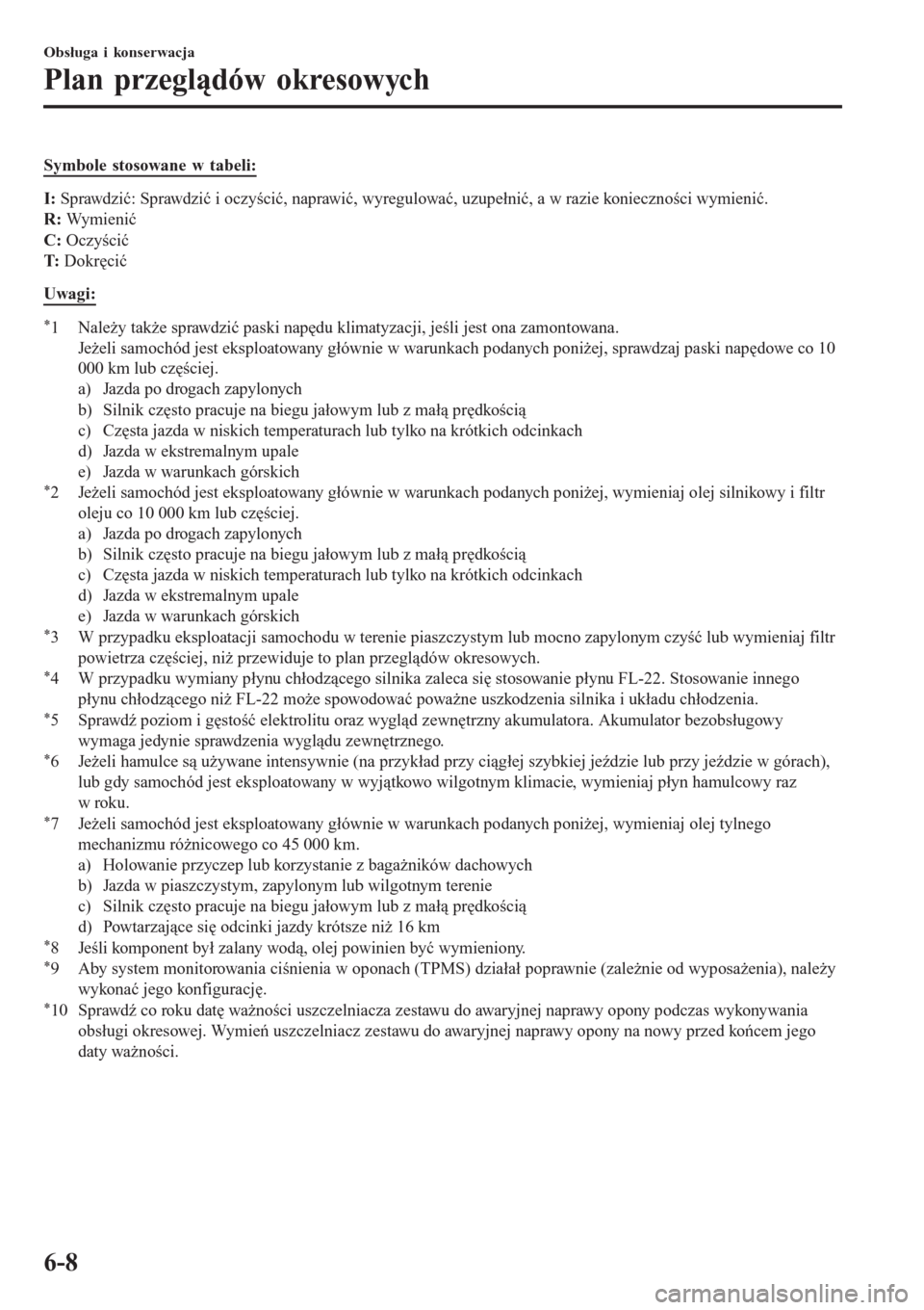 MAZDA MODEL CX-3 2015  Instrukcja Obsługi (in Polish) Symbole stosowane w tabeli:
I: Sprawdzić: Sprawdzić i oczyścić, naprawić, wyregulować, uzupełnić, a w razie konieczności wymienić.
R: Wymienić
C: Oczyścić
T: Dokręcić
Uwagi:
*1 Należy 