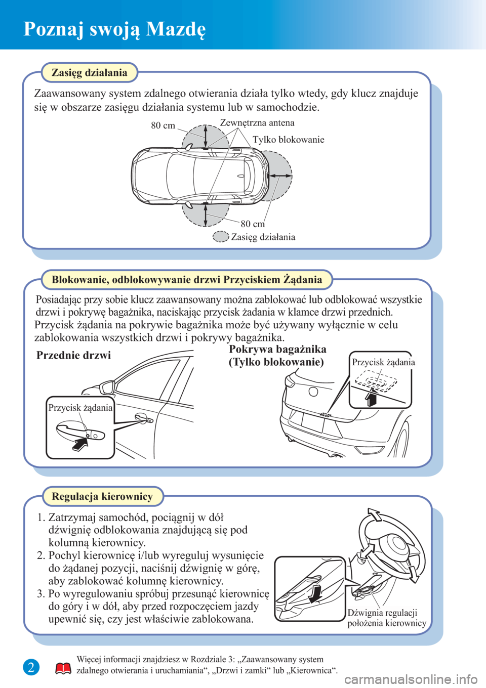 MAZDA MODEL CX-3 2015  Krótki Przewodnik (in Polish)  Poznaj swoją Mazdę
Zasięg działania
Zaawansowany system zdalnego otwierania działa tylko wtedy, gdy klucz znajduje 
się w obszarze zasięgu działania systemu lub w samochodzie.
Posiadając przy