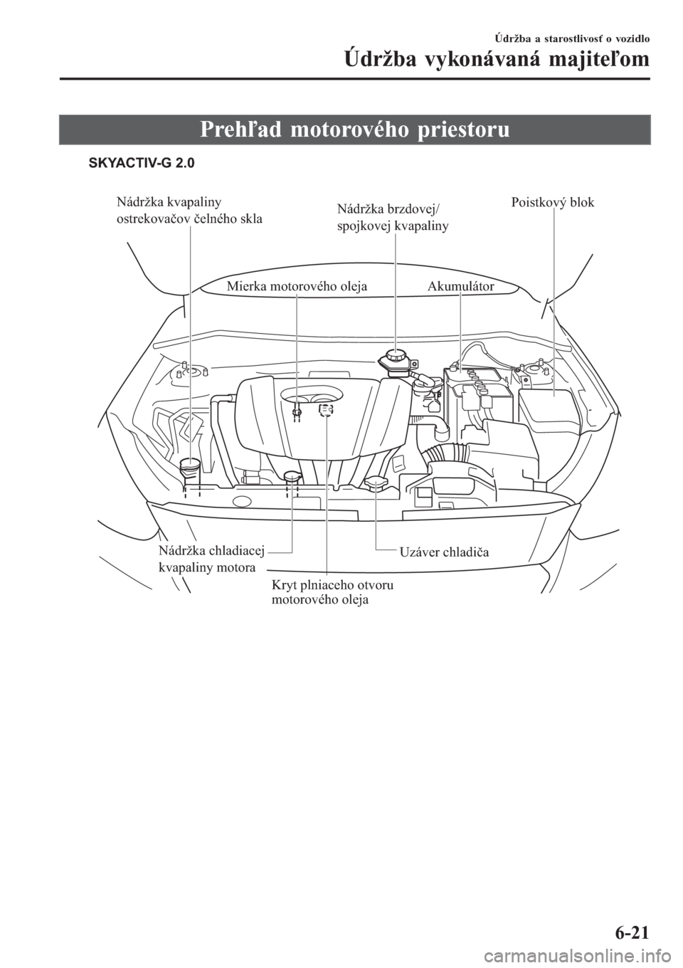 MAZDA MODEL CX-3 2015  Užívateľská príručka (in Slovak) Prehľad motorového priestoru
SKYACTIV-G 2.0
Nádržka kvapaliny 
ostrekovačov čelného sklaNádržka brzdovej/
spojkovej kvapaliny
Mierka motorového olejaAkumulátor
Poistkový blok
Uzáver chlad